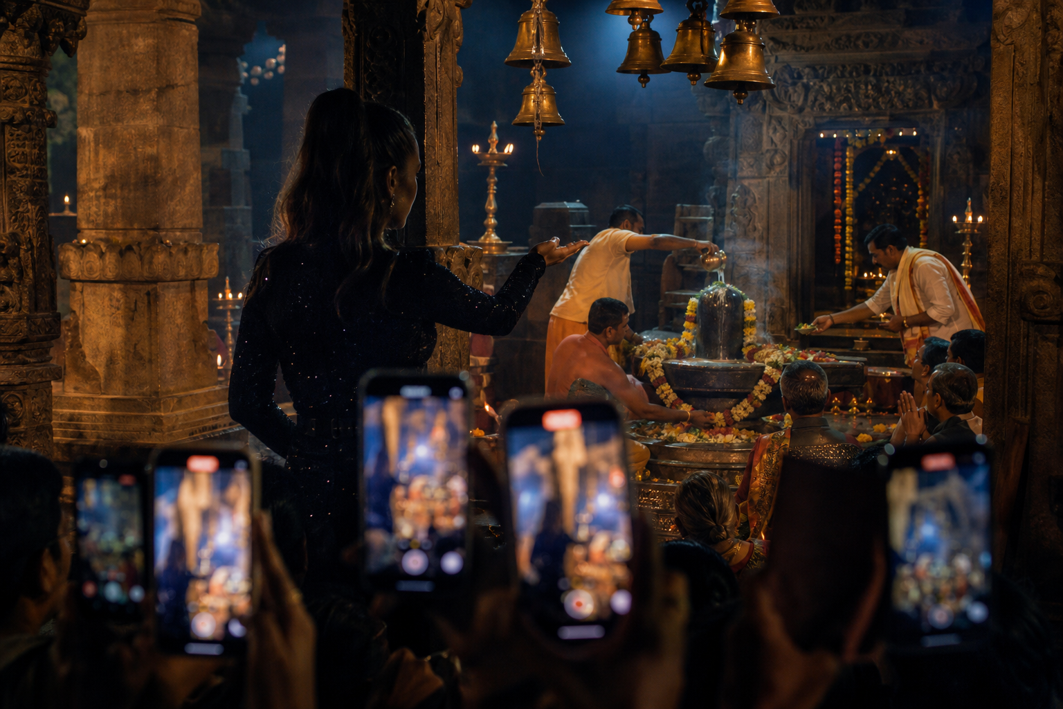 People hold up phones near a silhouetted singer while devotees worship a Shiva lingam in a lamp-lit temple mandapa beyond her.
