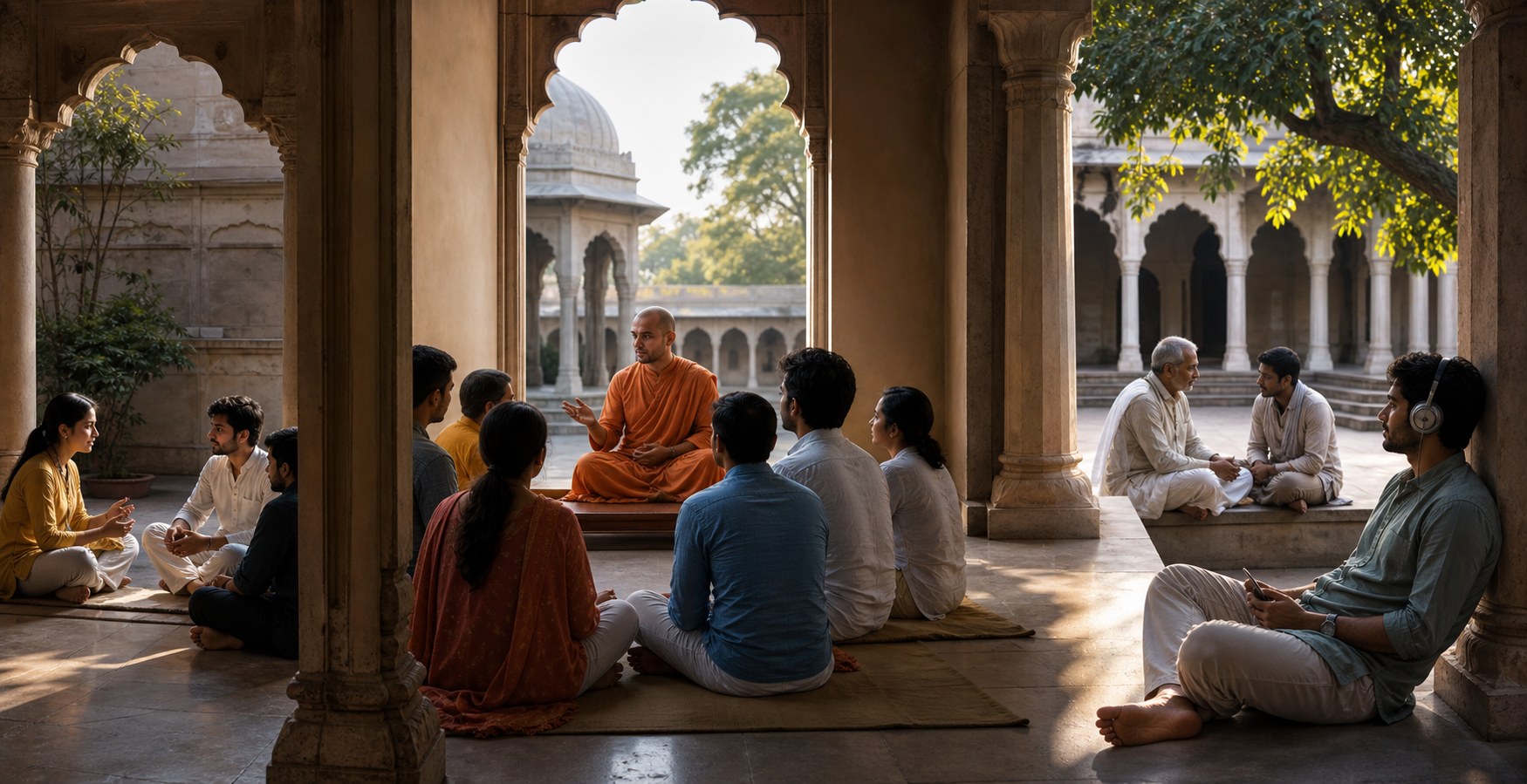 A monk teaches in a formal gathering while nearby devotees also participate in a small conversation, personal exchange, and recorded listening session.