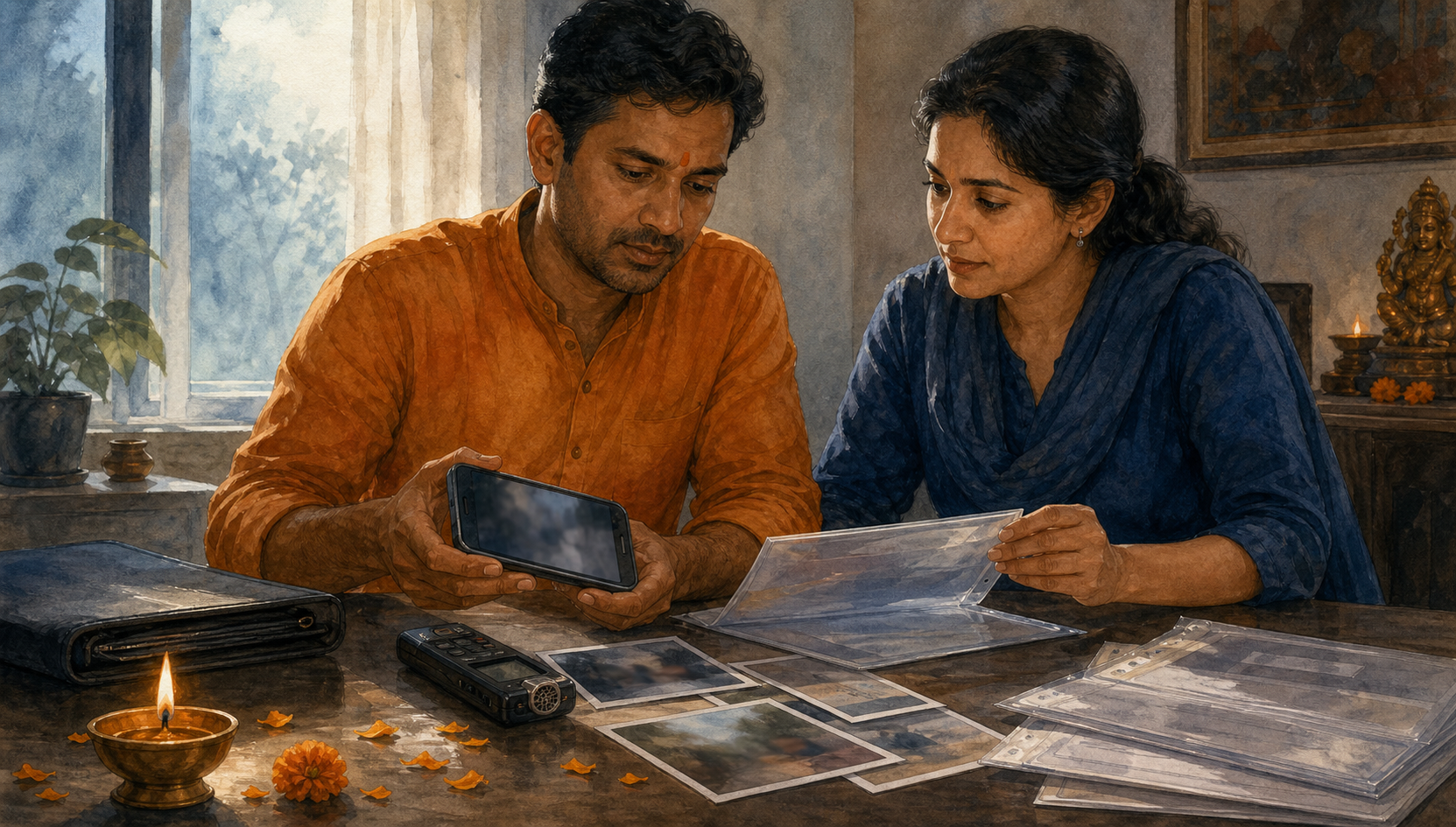 A Hindu adult and an advocate organize a smartphone, photographs, an audio recorder, and document sleeves beside a small brass diya.