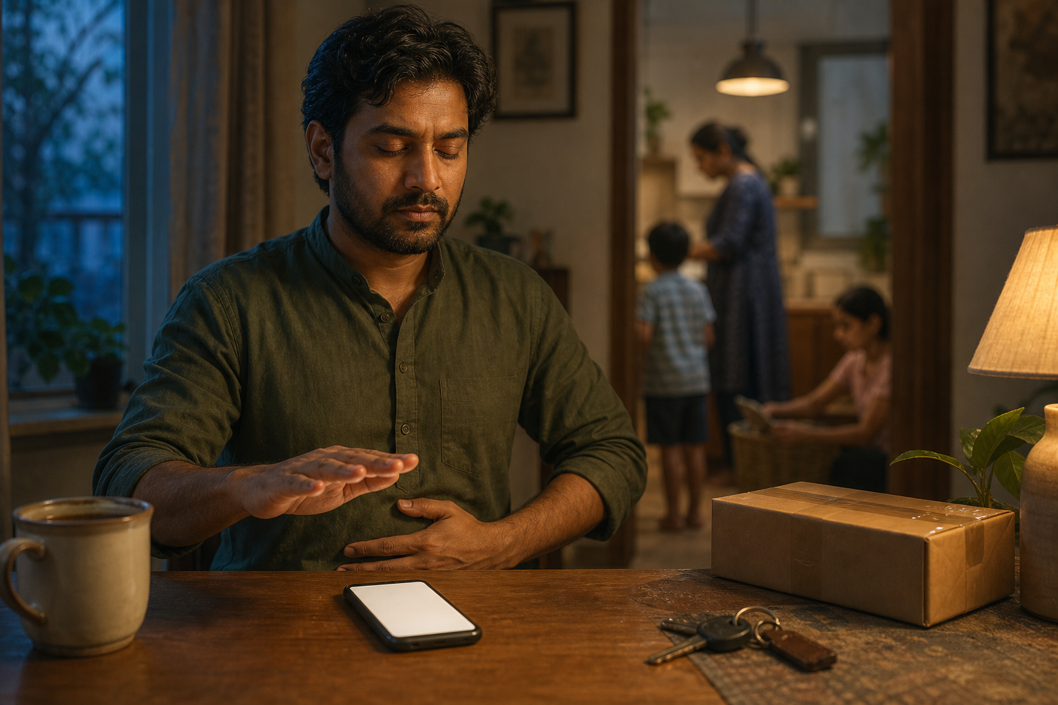 A person pauses with one hand above a blank smartphone and the other resting on their abdomen while taking a breath at a table.