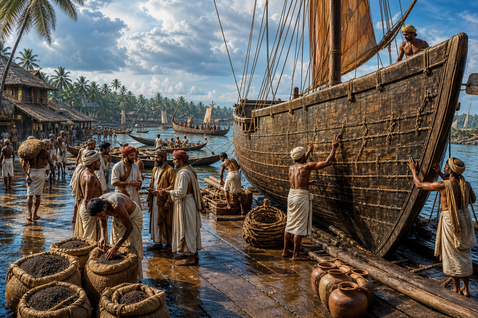 Historical illustration of merchants, mariners, porters and shipwrights handling pepper, timber and ceramic cargo at a busy Kollam harbor.
