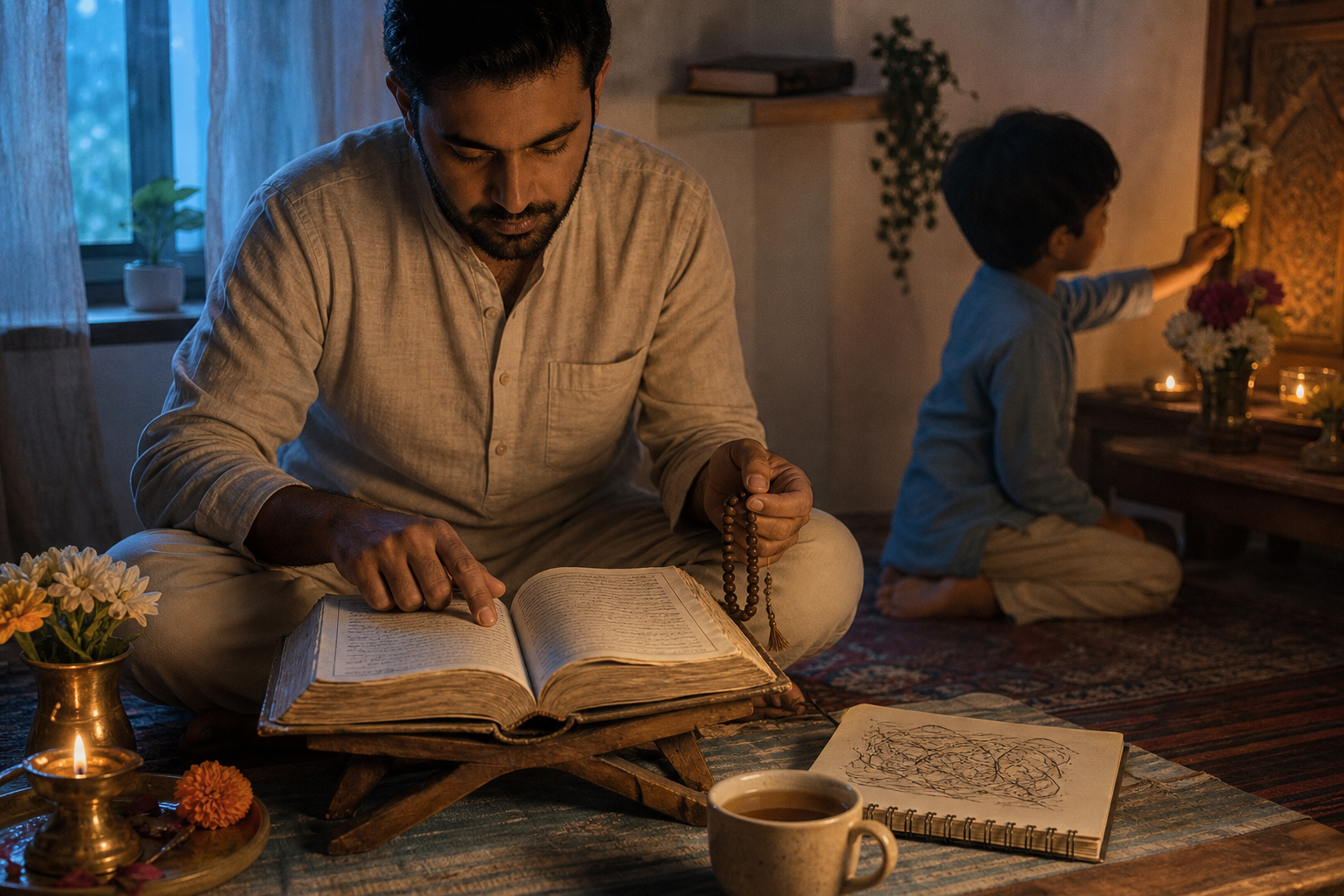 An adult reads a well-used sacred book beside prayer beads and a lamp while a child offers a flower at a home altar.