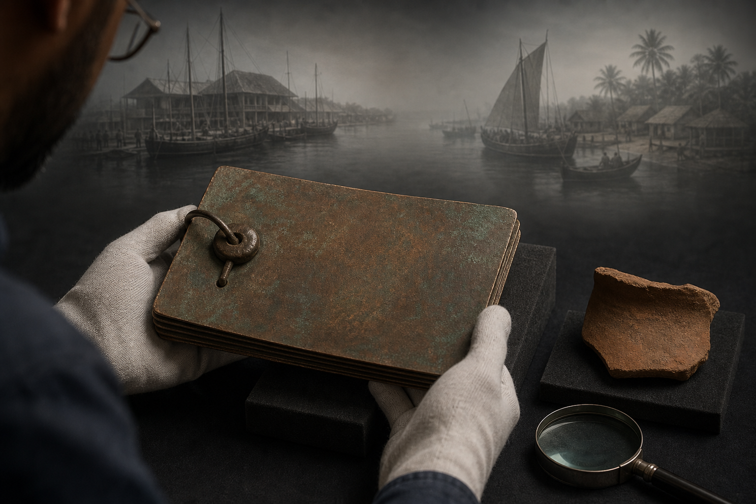 A gloved researcher examines closed, ring-bound copper plates beside archaeological materials, while indistinct harbor reconstructions fade into the background.