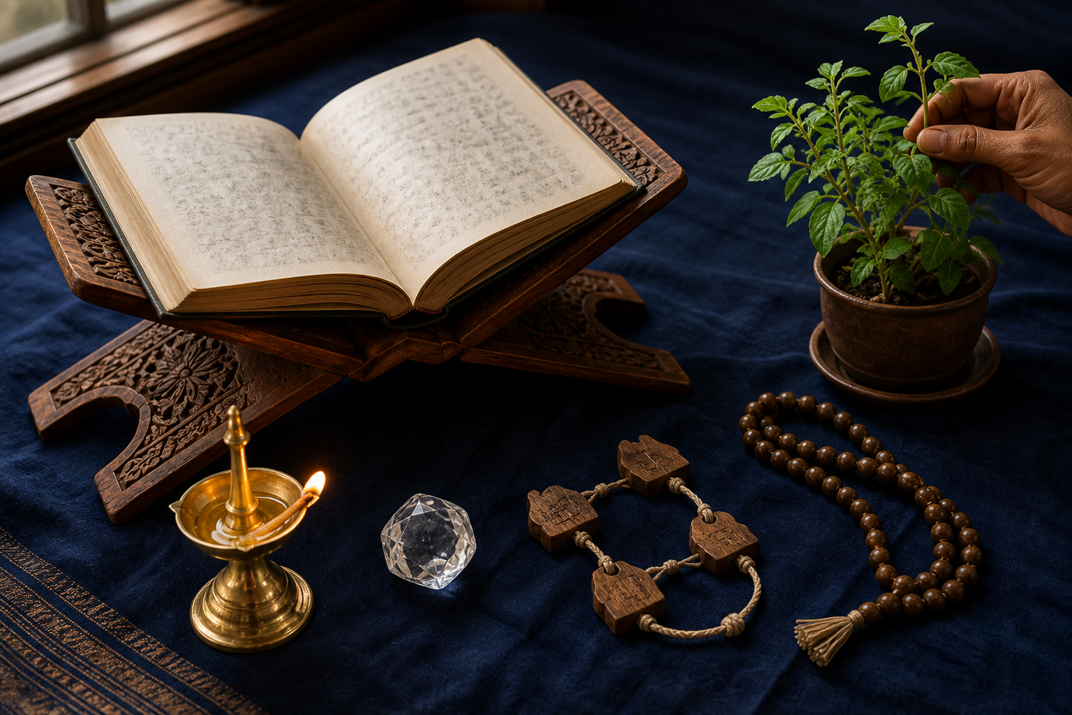 An open sacred volume, oil lamp, crystal, connected wooden markers, prayer beads, and a tended tulasi plant are arranged on an indigo cloth.