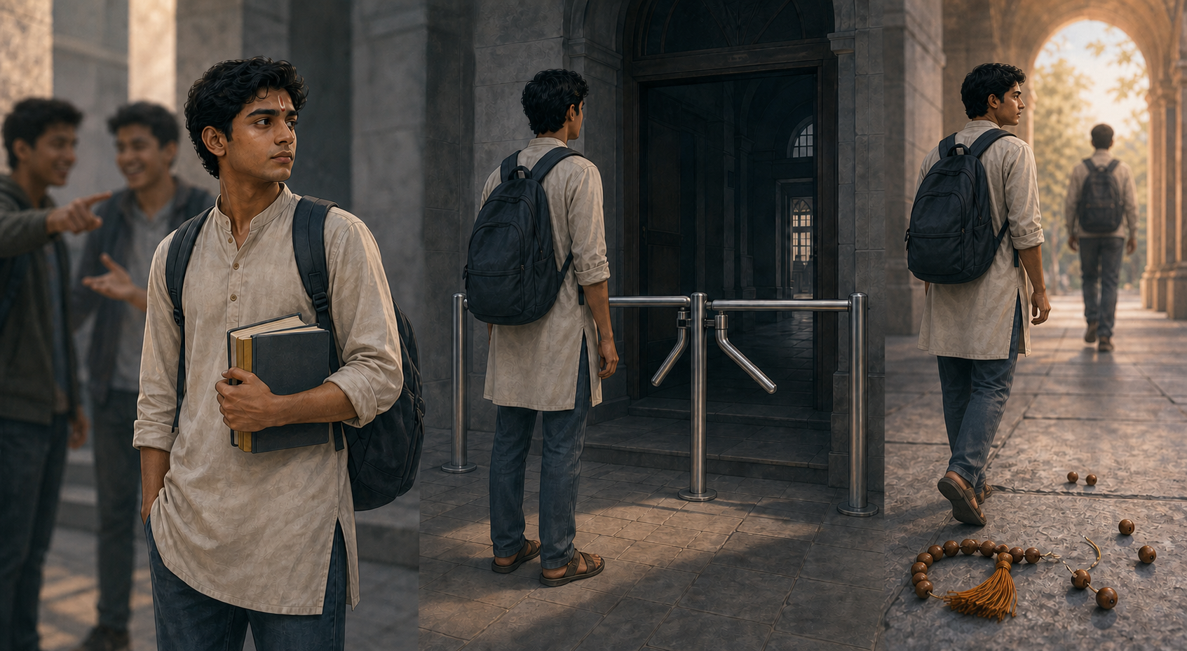 Three connected scenes show a Hindu student facing mockery, a selective doorway barrier, and a broken prayer-bead bracelet on the ground.