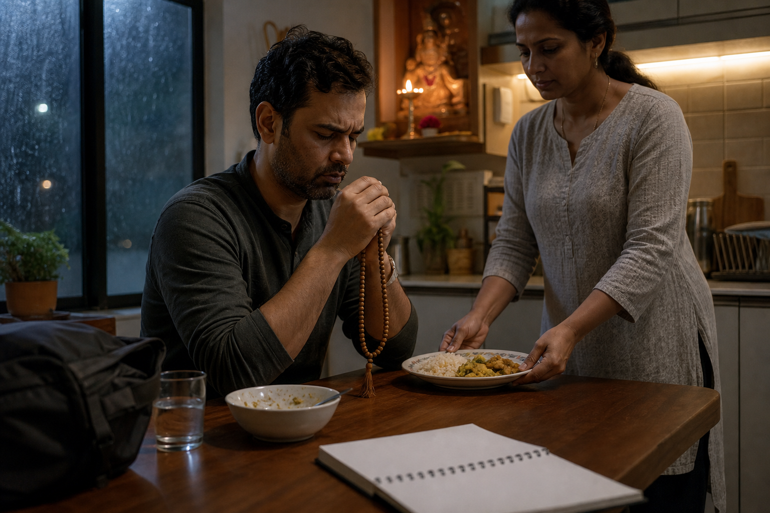 A tired adult chants on prayer beads at a kitchen table during a rainy evening as a family member brings a simple vegetarian meal.