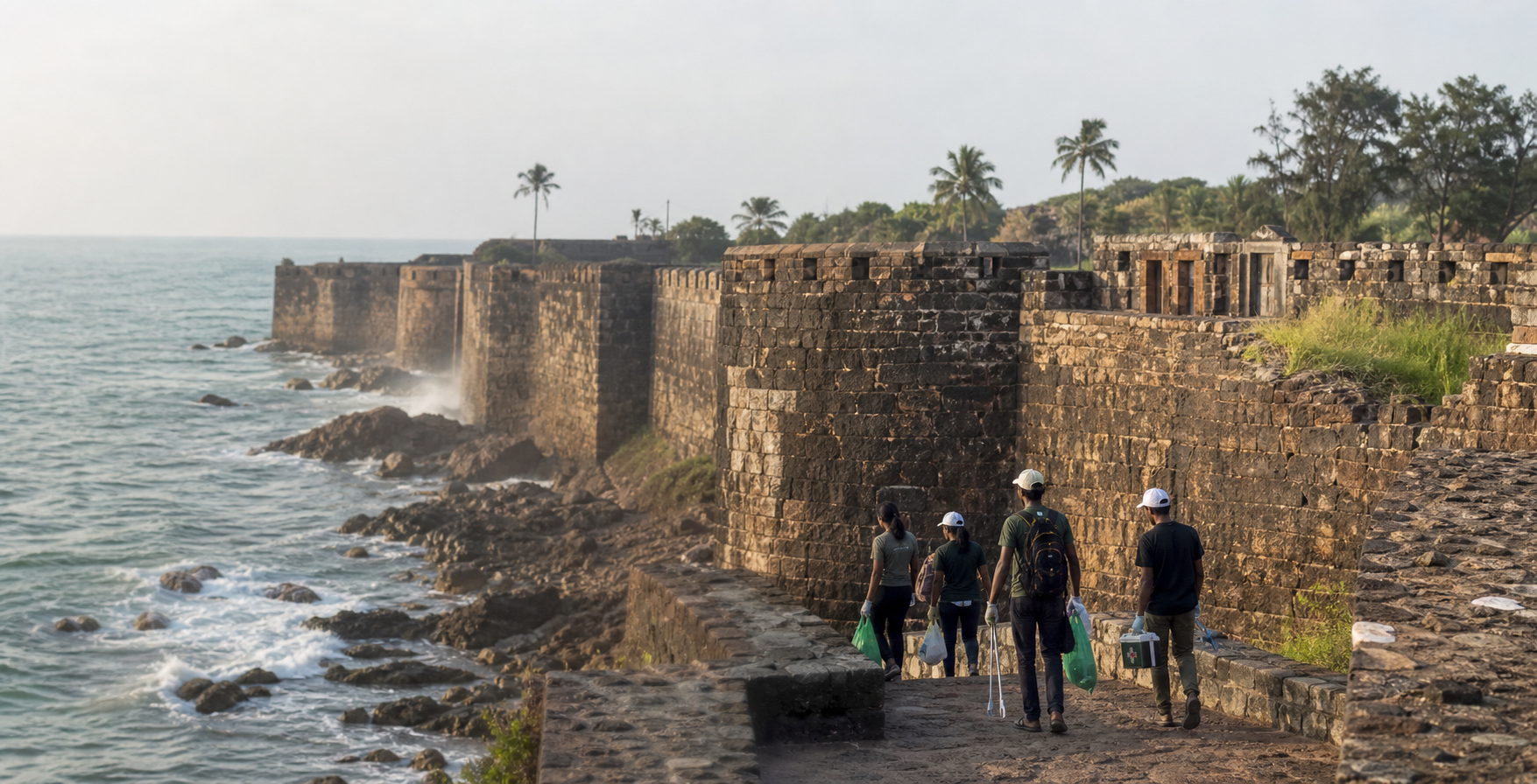Sindhudurg Fort's stone ramparts rise above the Arabian Sea as equipped heritage volunteers approach along an established visitor route.