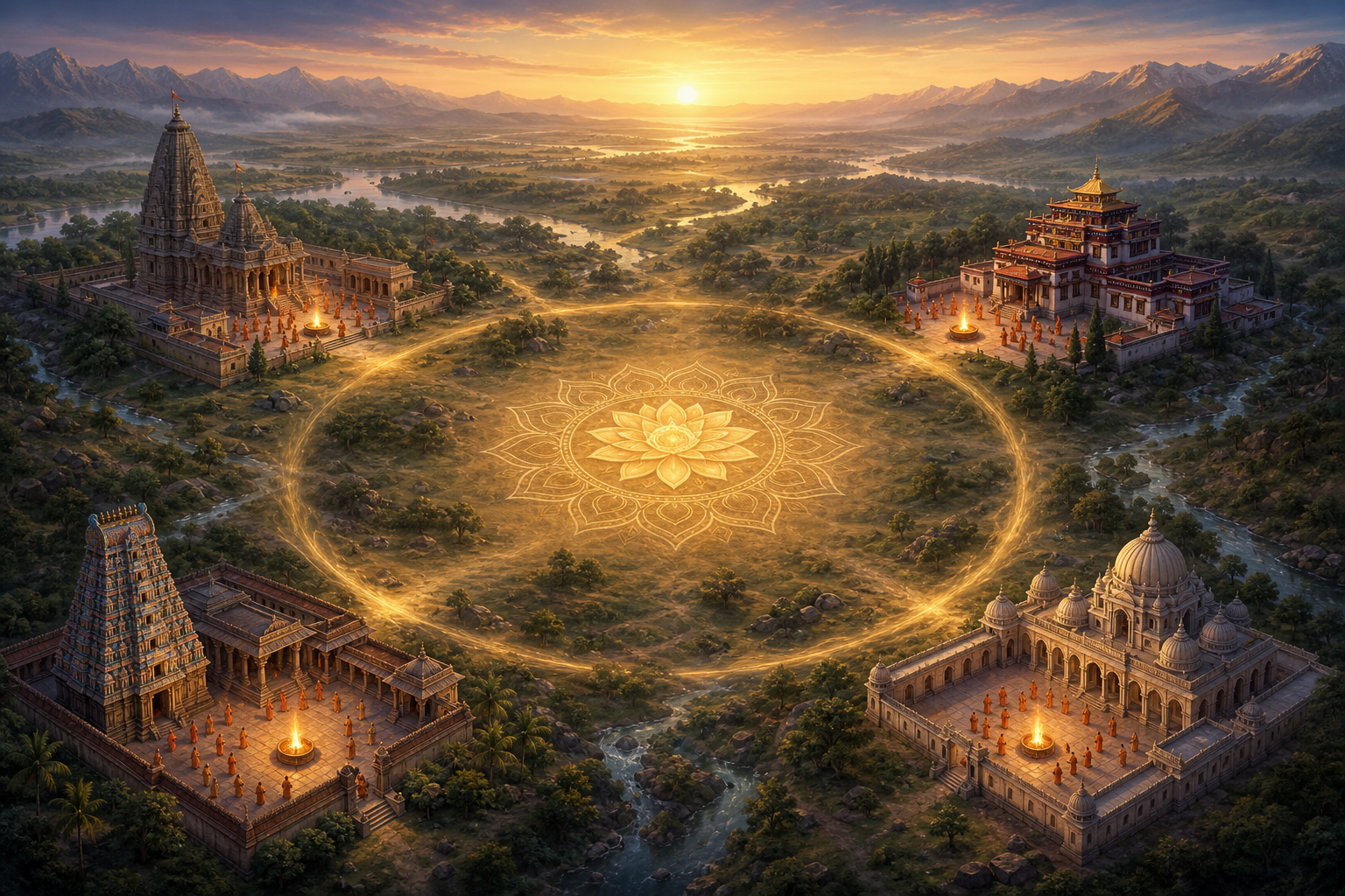 Four distinct Hindu monastic complexes surround a central lotus motif and are linked by a circular band of golden light.