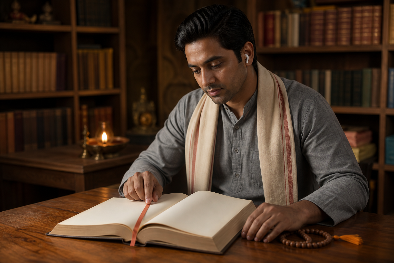 A devotee listens through one earbud while carefully consulting an open sacred book at a wooden desk in a quiet temple library.