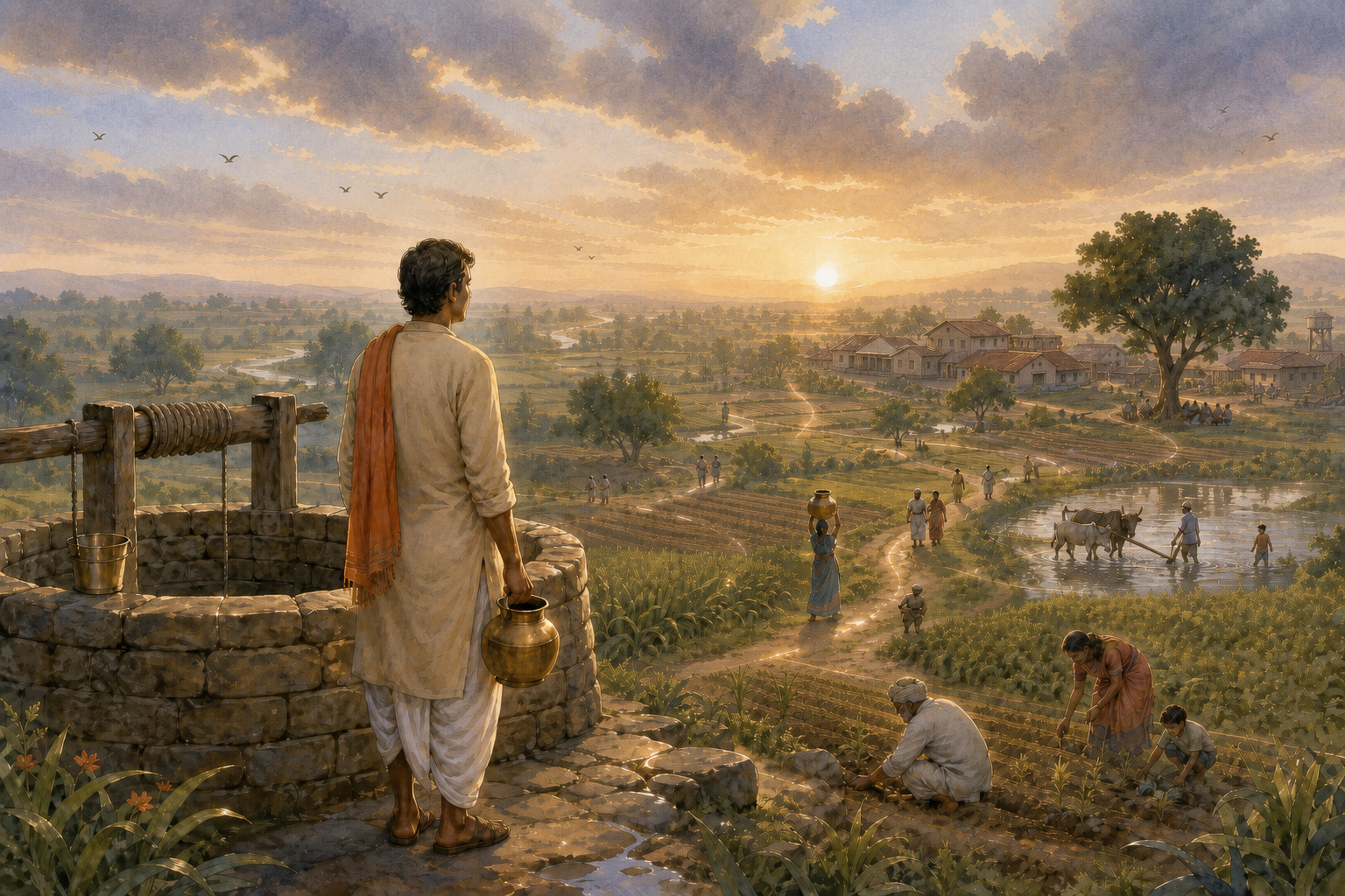 A person holding a brass water vessel beside a stone well, surrounded by villagers, fields, trees, birds, and rain clouds connected by subtle threads of light.