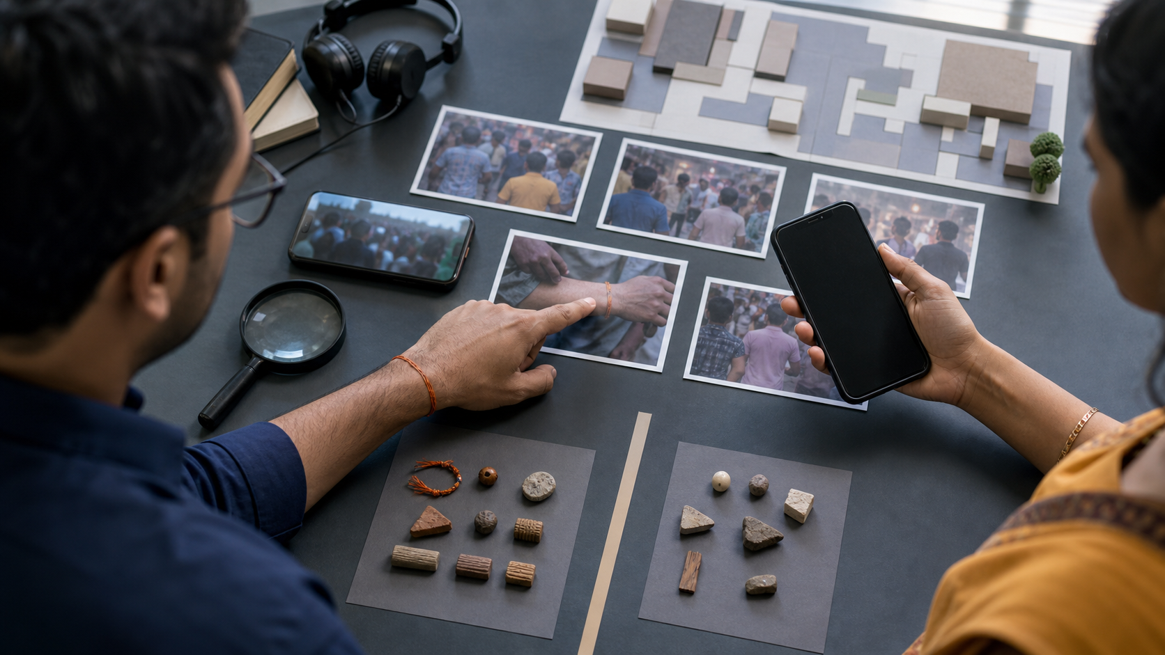 Two people compare video frames, photographs, headphones, and other evidence while one person pauses before sharing the incident.