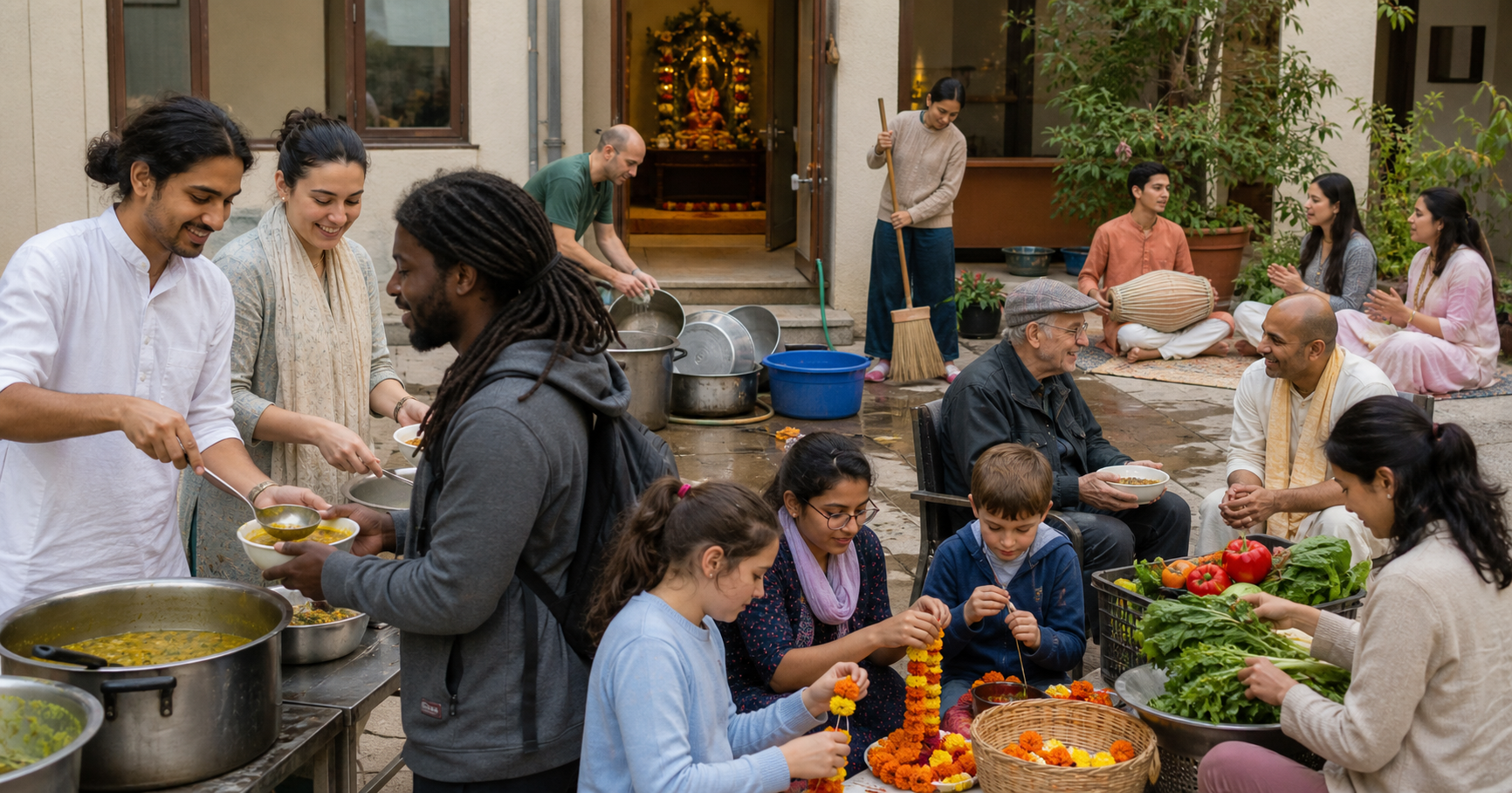 Volunteers serve vegetarian meals, clean, arrange flowers, care for children, and welcome neighbors in a community-center courtyard.