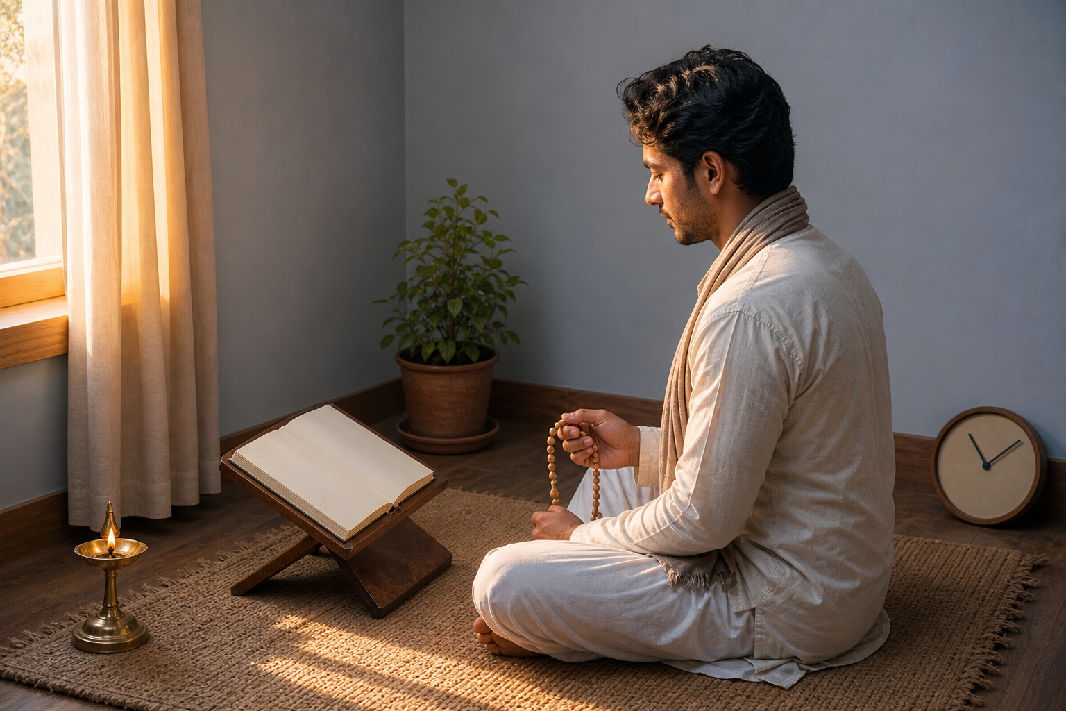 A devotee chants with prayer beads during a simple dawn practice beside an open book, tulasi plant, brass lamp, and small analog clock.