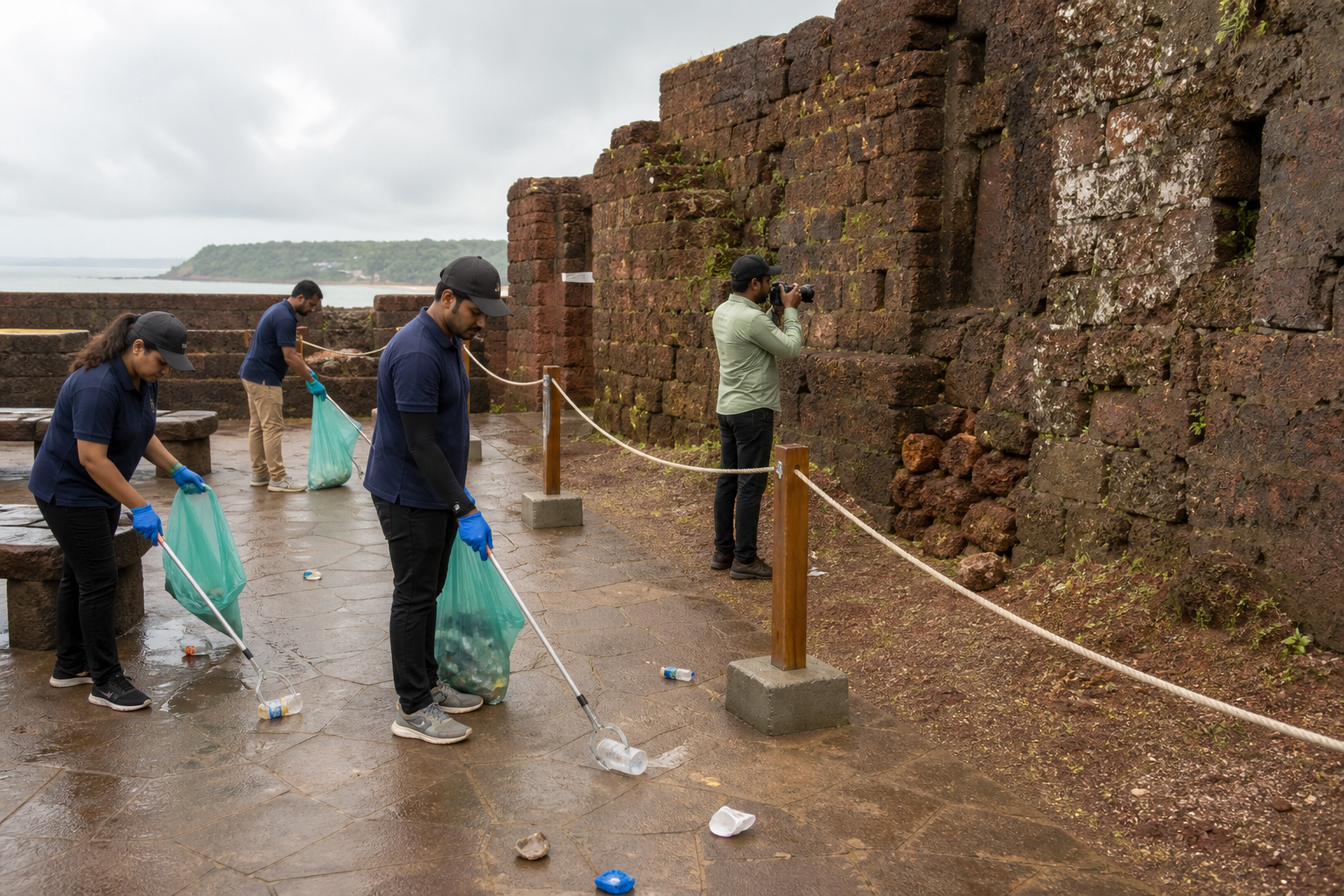 A brass vessel being lifted from a stone well by a rope, with wet masonry, plants, and rain clouds surrounding the water source.