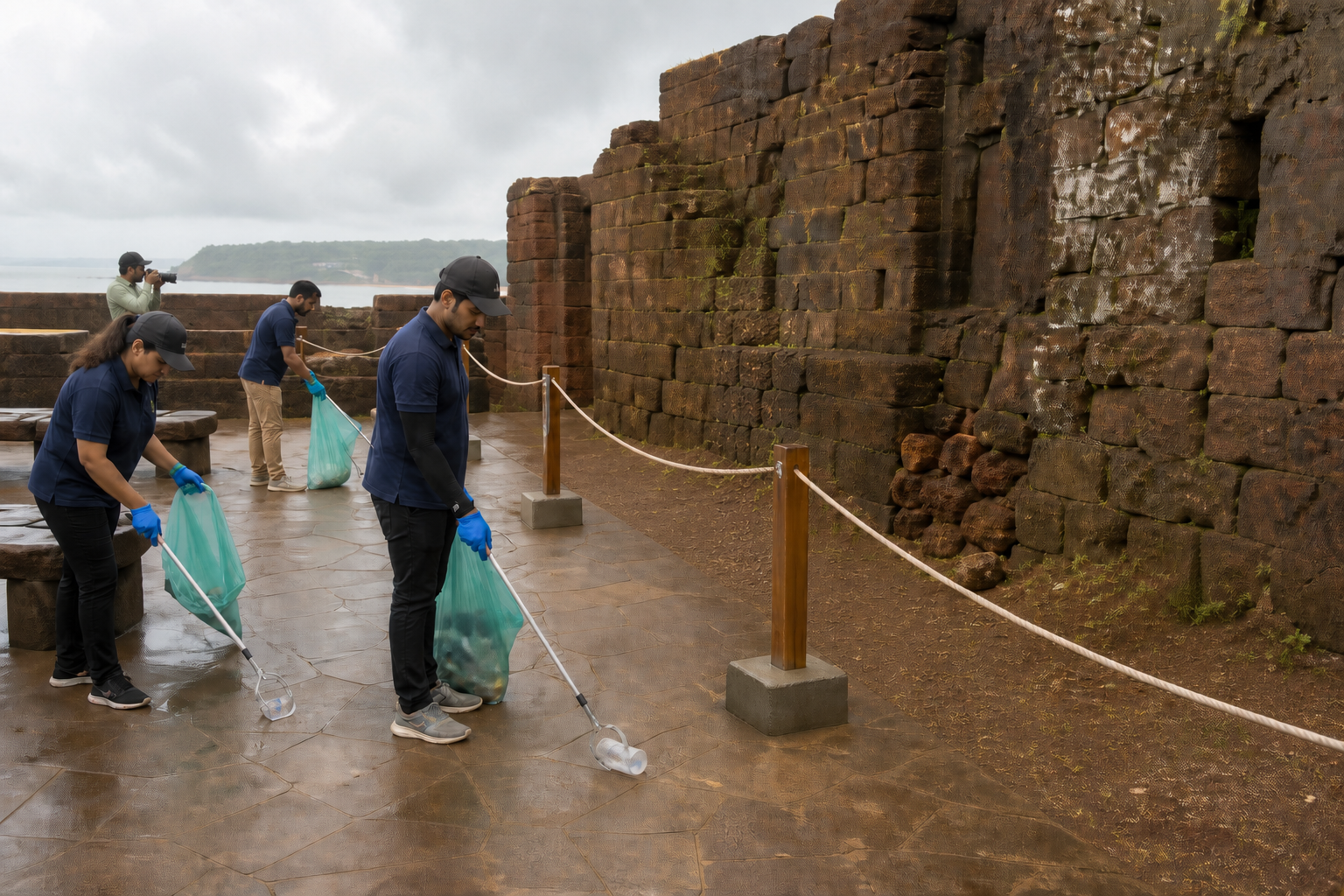 Volunteers collect litter from a visitor path while a rope boundary protects the fort's weathered stone wall from cleaning or contact.