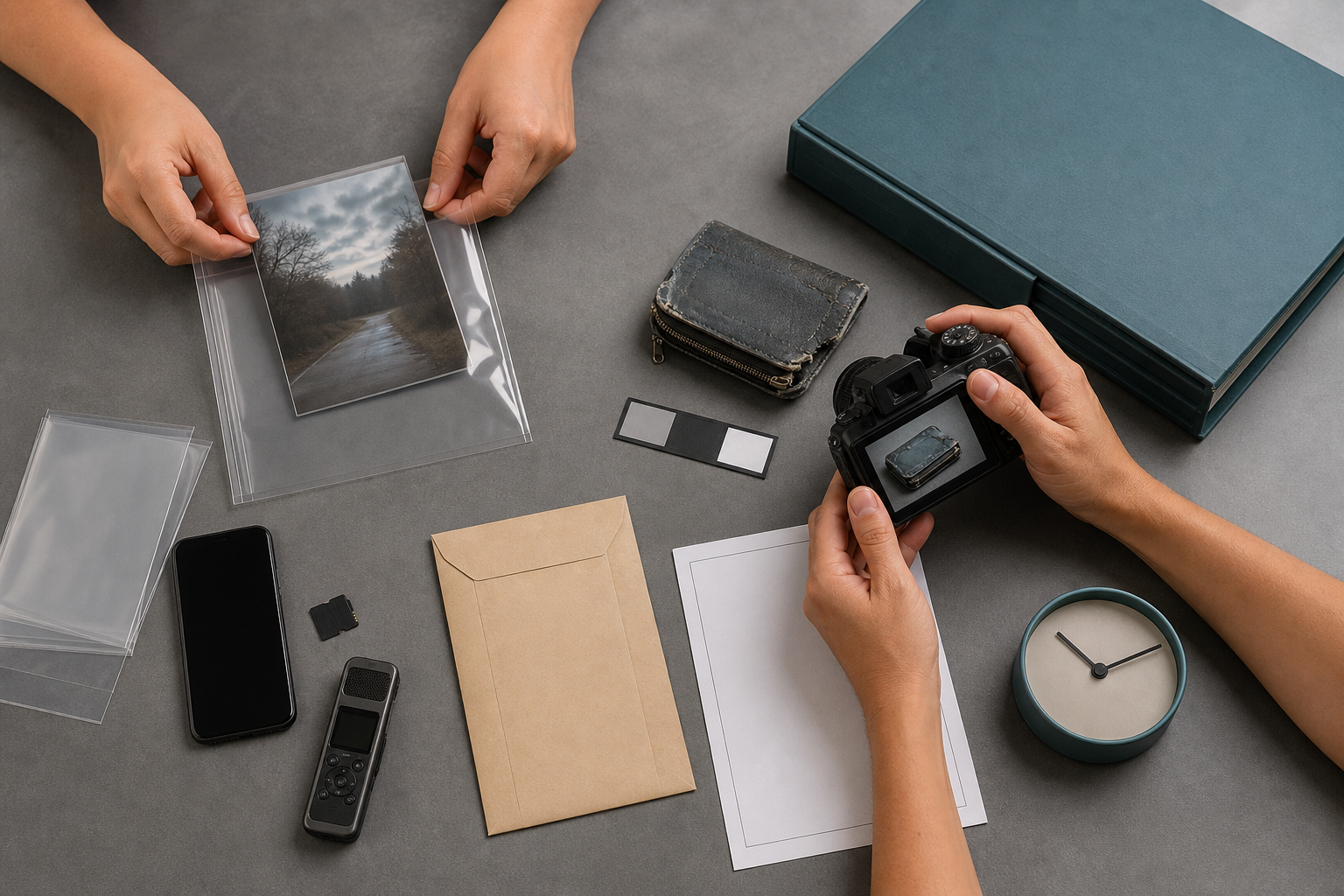 Hands preserve photographs, a phone, a memory card, an audio recorder, and a damaged personal object in an organized evidence file.