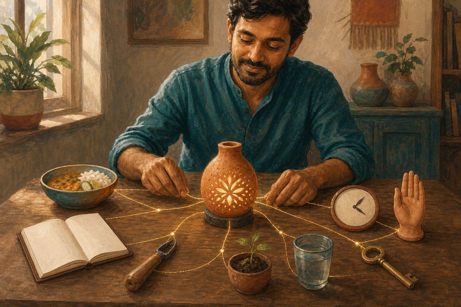 A seated professional surrounds a finished lamp with objects representing family, learning, labor, nature, institutions, time, and help, all linked by fine golden lines.