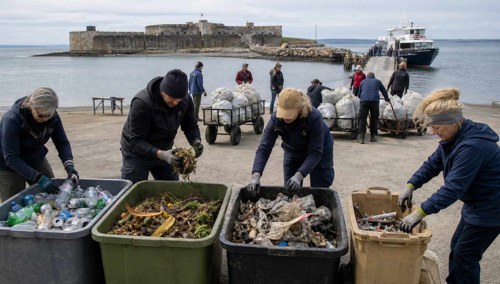 Volunteers segregate collected litter at a temporary station while sealed sacks and handcarts await transport from the island by boat.