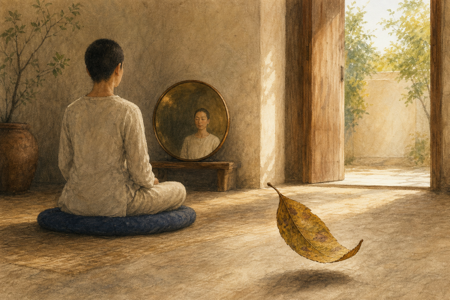 A seated practitioner faces a courtyard, with a falling leaf, a bronze mirror, and an open sunlit doorway arranged through the scene.