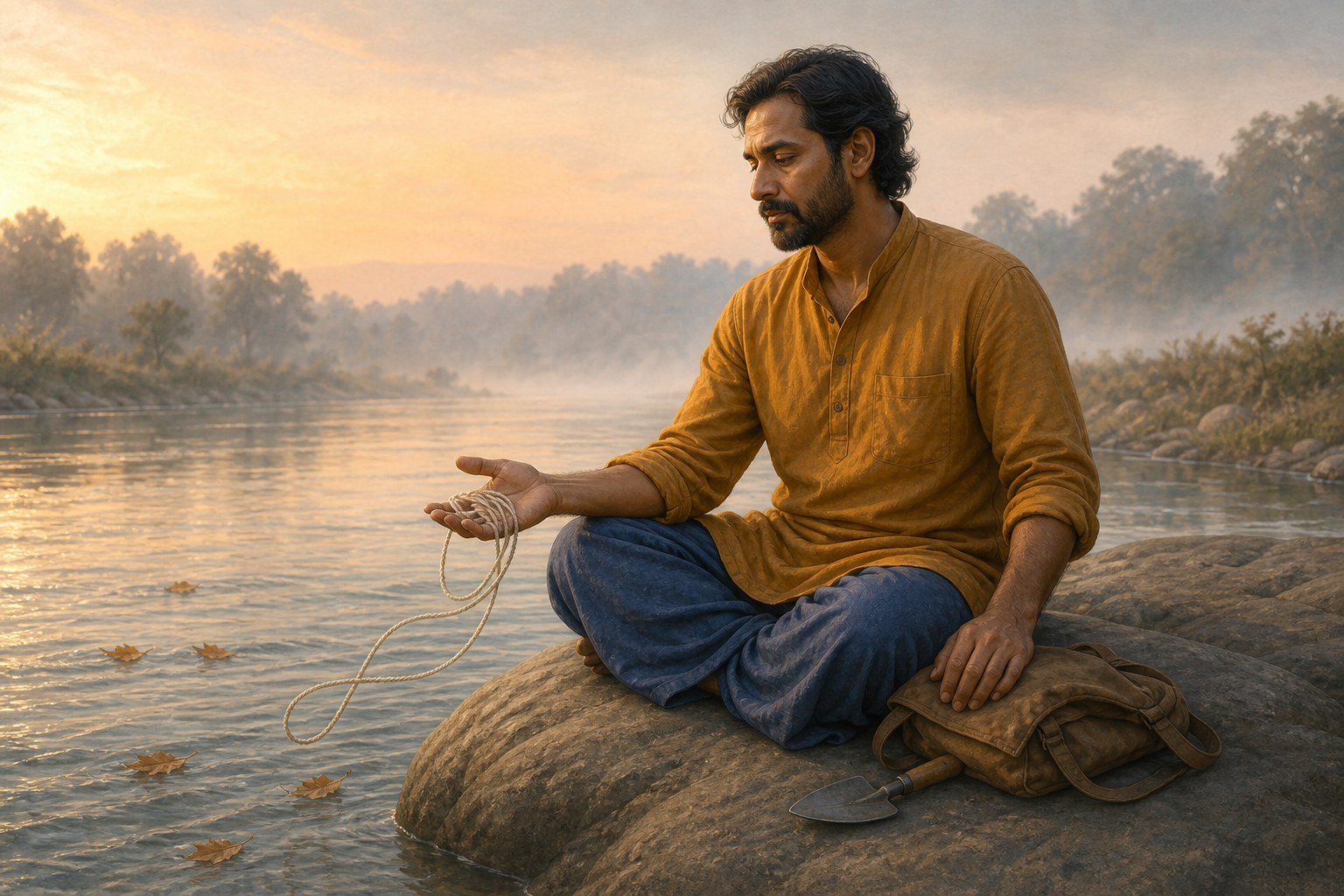 A seated person opens one hand to release a loose cotton cord beside a river, while a satchel and gardening tool remain at their other side.