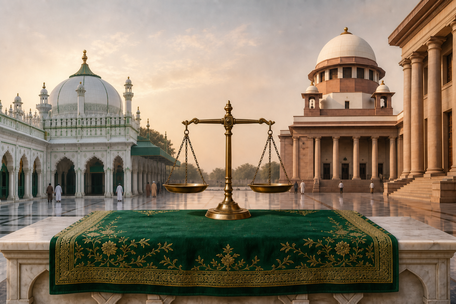 A folded green ceremonial chaddar and balanced brass scale stand between a Sufi shrine courtyard and a courthouse colonnade.