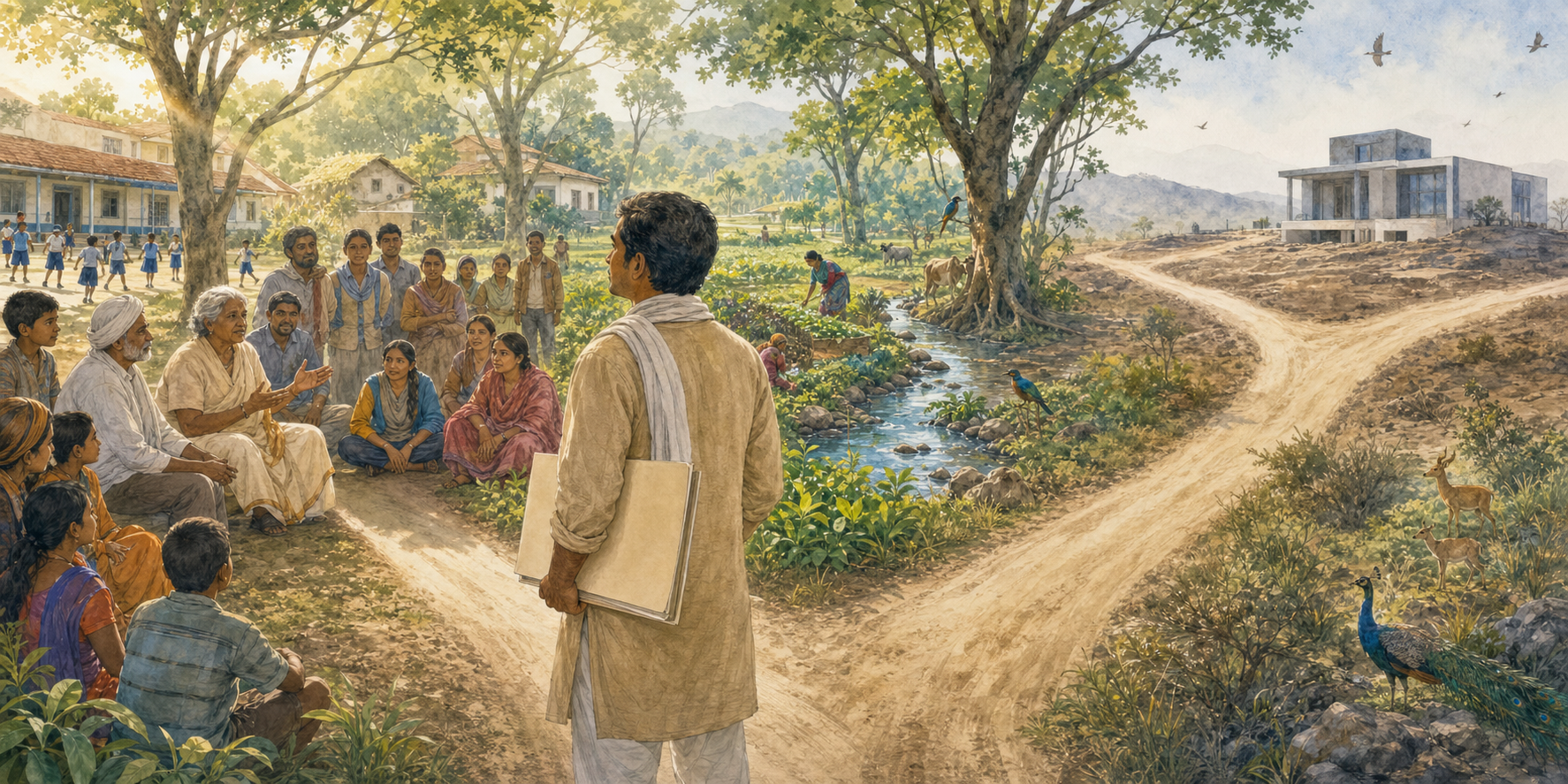 A community leader pauses at a fork between an isolated cleared site and a path connecting homes, farms, trees, water, and gathered residents.