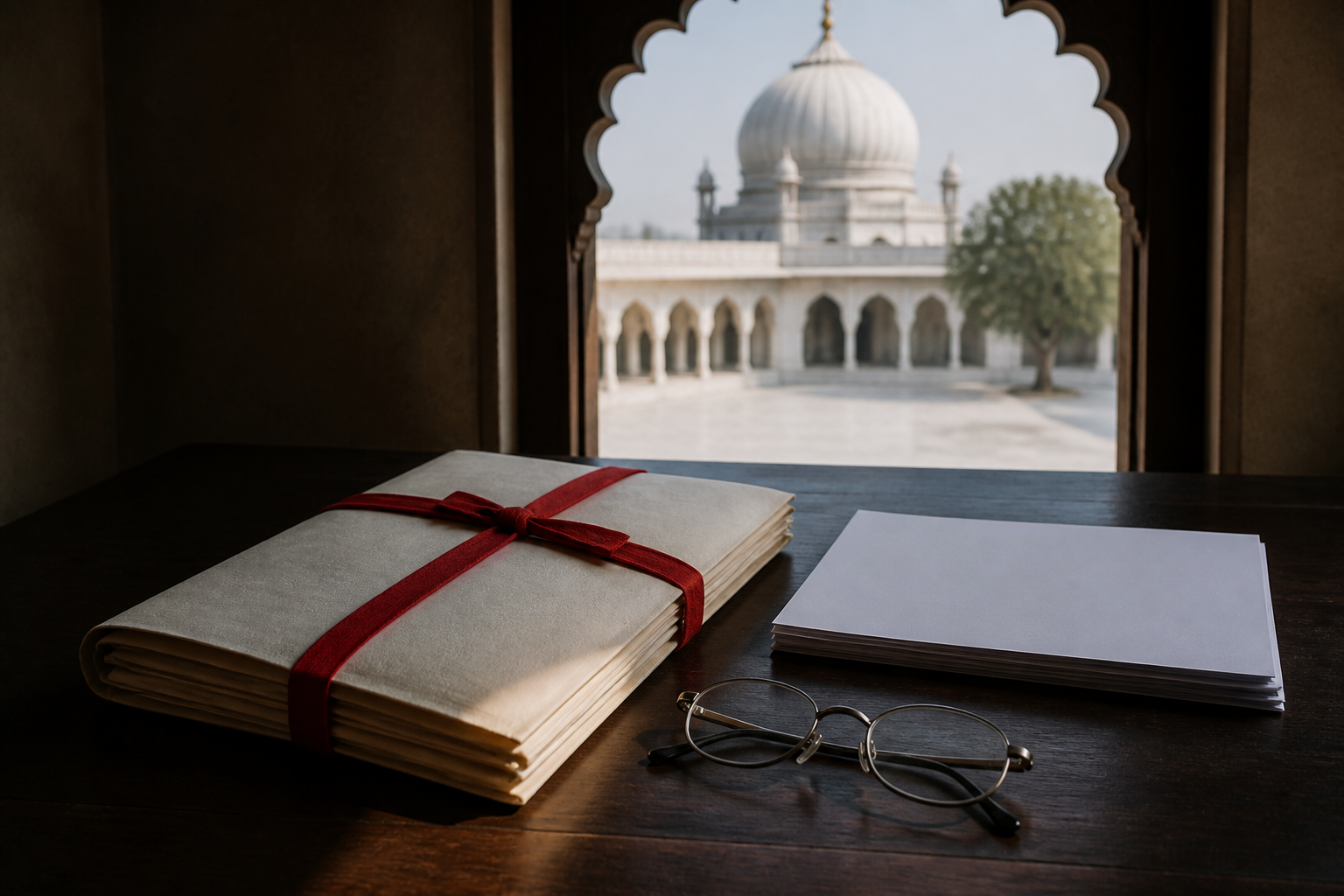 A red-tied court file rests unopened on a desk, with a Sufi shrine visible through an arched window behind it.