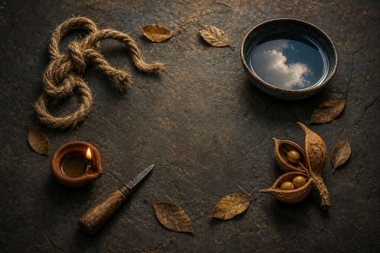 A loosened knot, reflective bowl, clay lamp with a hand tool, and open seedpod are arranged in a circle on a stone surface.