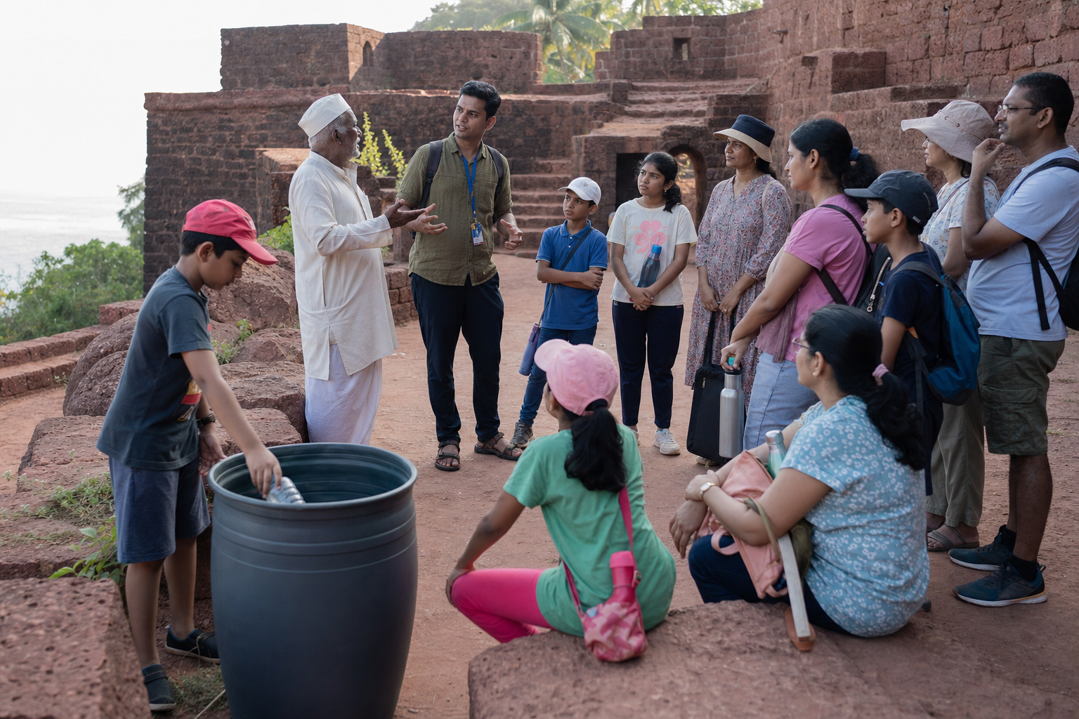 A local elder and heritage guide speak with families in the fort courtyard as a child places an empty bottle in a collection container.