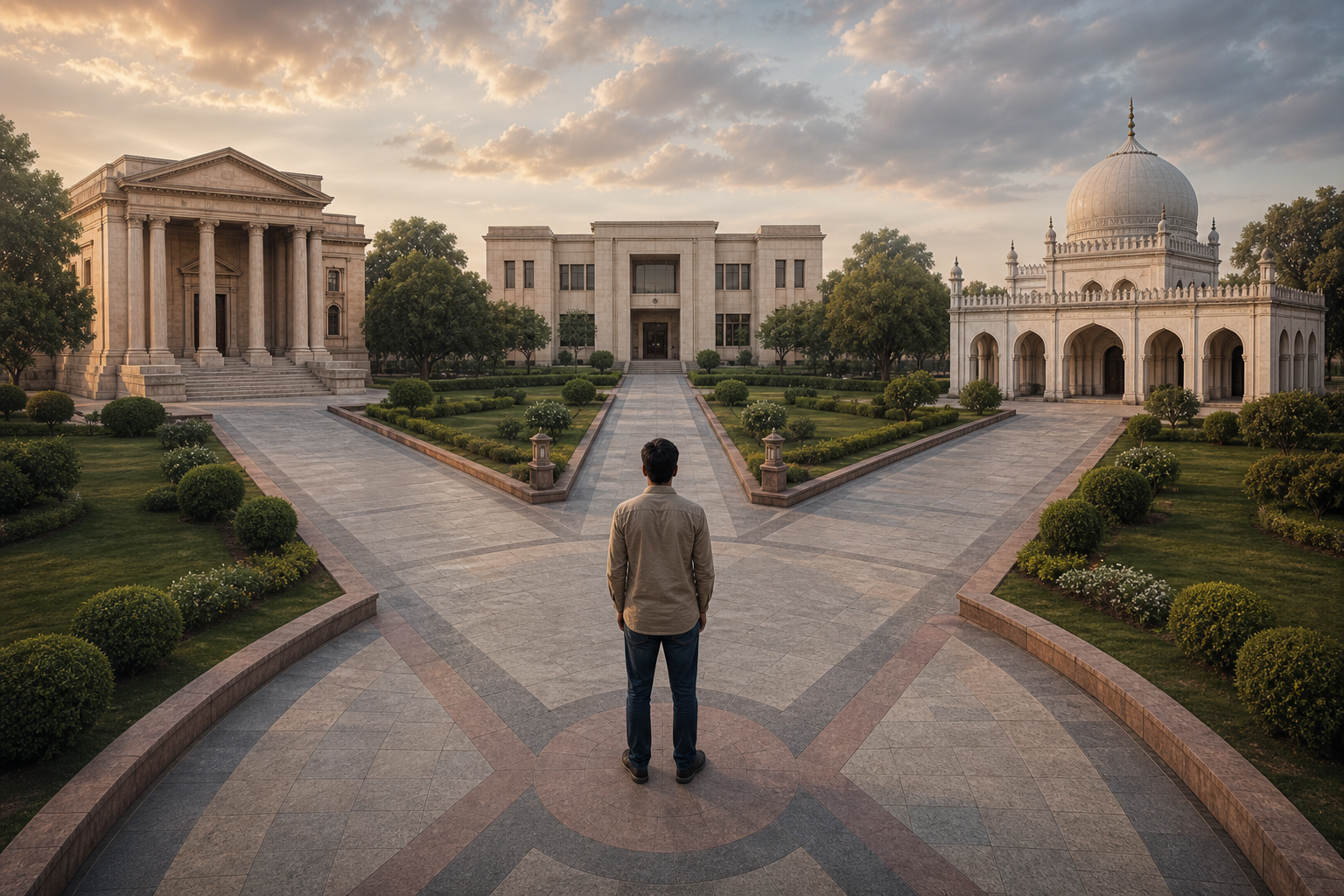 An anonymous citizen stands where three equal paths lead toward a courthouse, a public building, and a Sufi shrine.