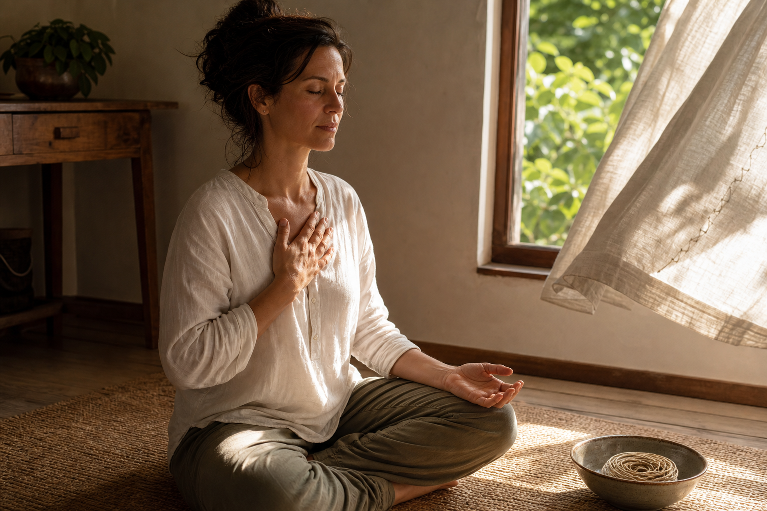 A person seated on a woven mat rests one hand on the chest and opens the other hand while a cord lies in a nearby bowl.
