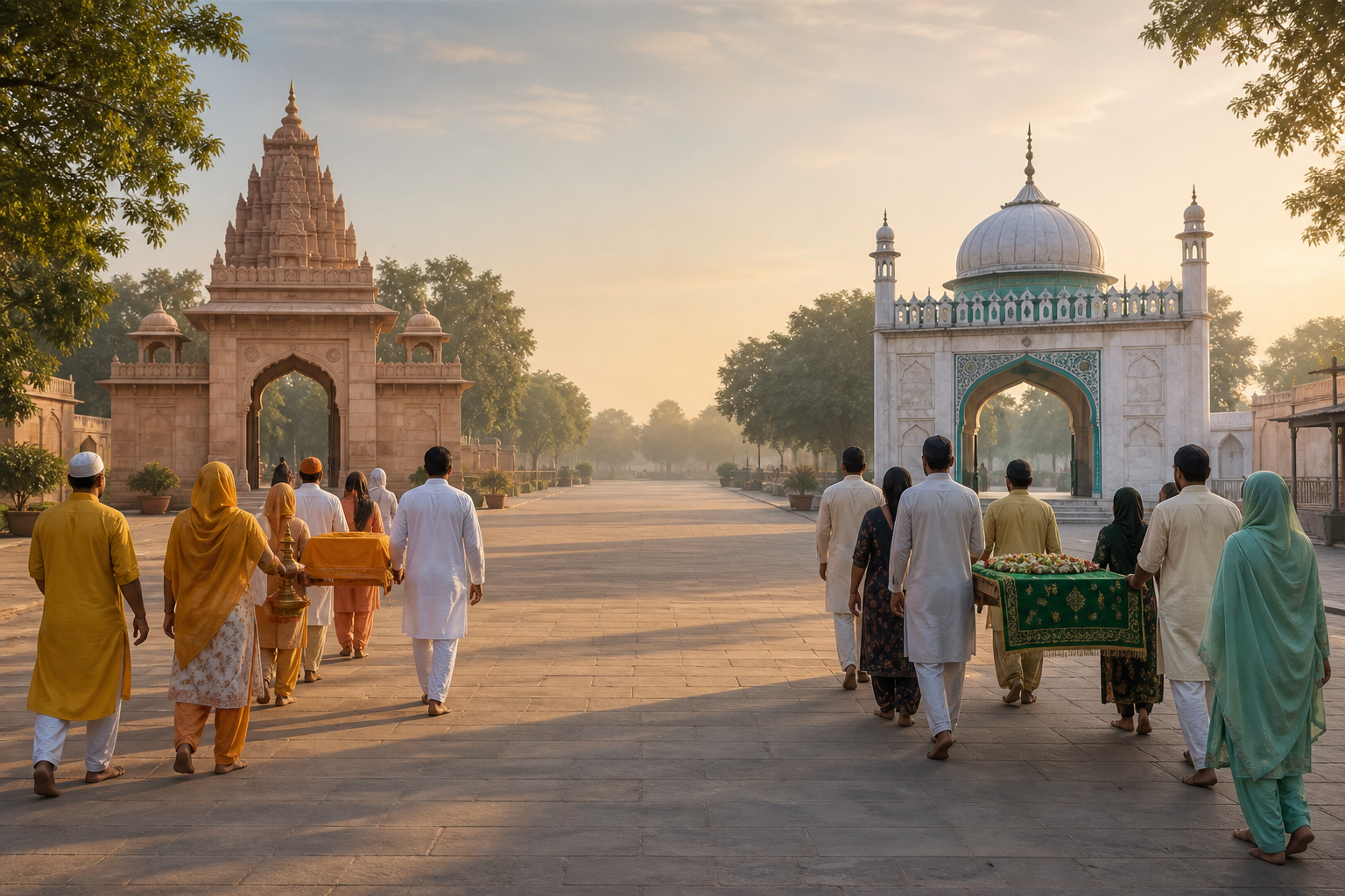 Two peaceful groups carry offerings along parallel paths toward a temple gateway and a dargah arch under equal light.