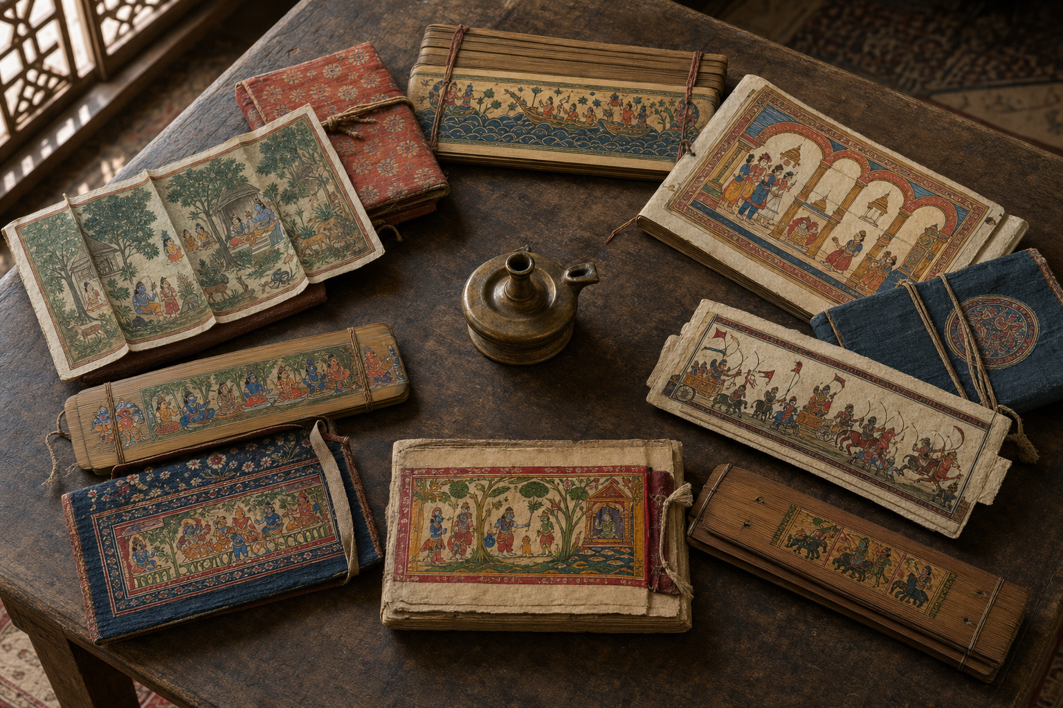 Several differently styled illustrated manuscripts lie in a circle around a bronze lamp on a wooden scholar's table.