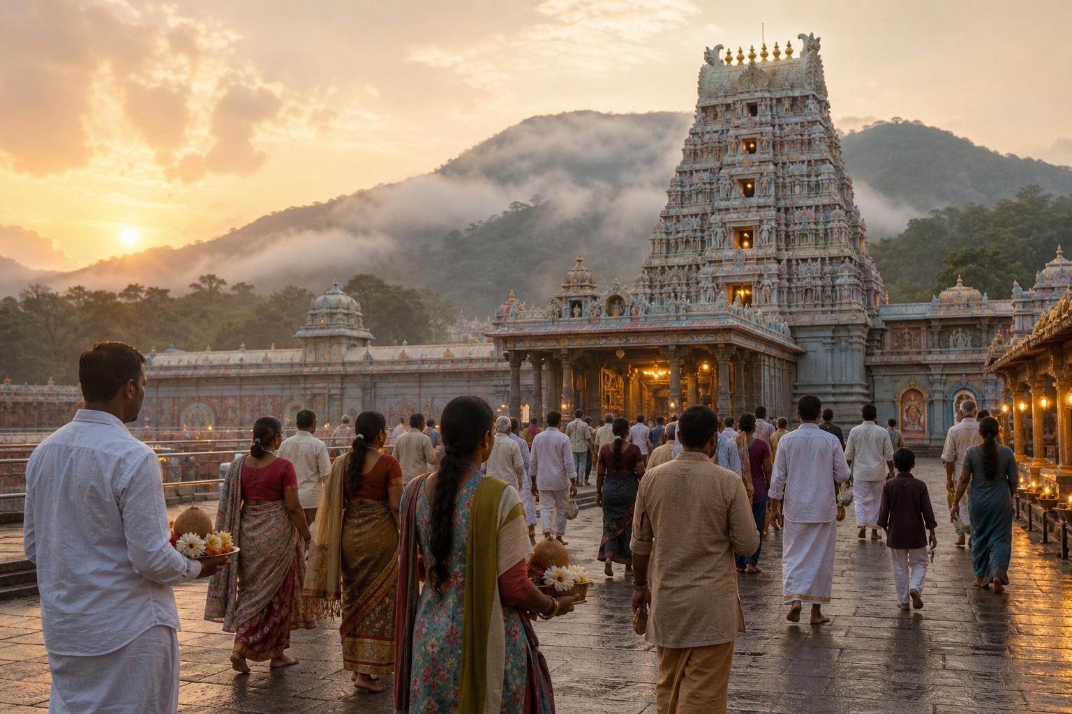 Pilgrims carrying flower and coconut offerings approach a South Indian temple beneath misty hills at sunrise.