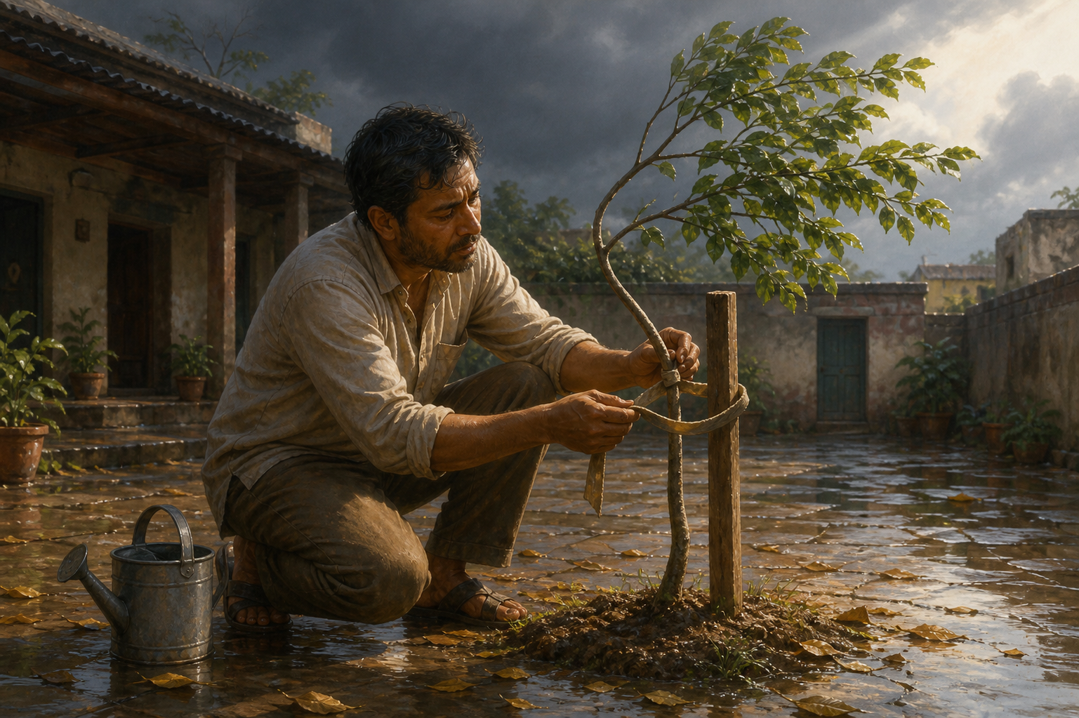 A sorrowful-looking person supports a young tree with a loose tie in a wet courtyard after a storm.