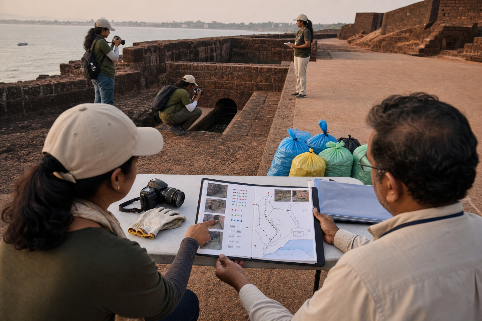 A volunteer coordinator hands a visual site-condition record to a heritage representative while other volunteers document a drainage concern from a safe distance.