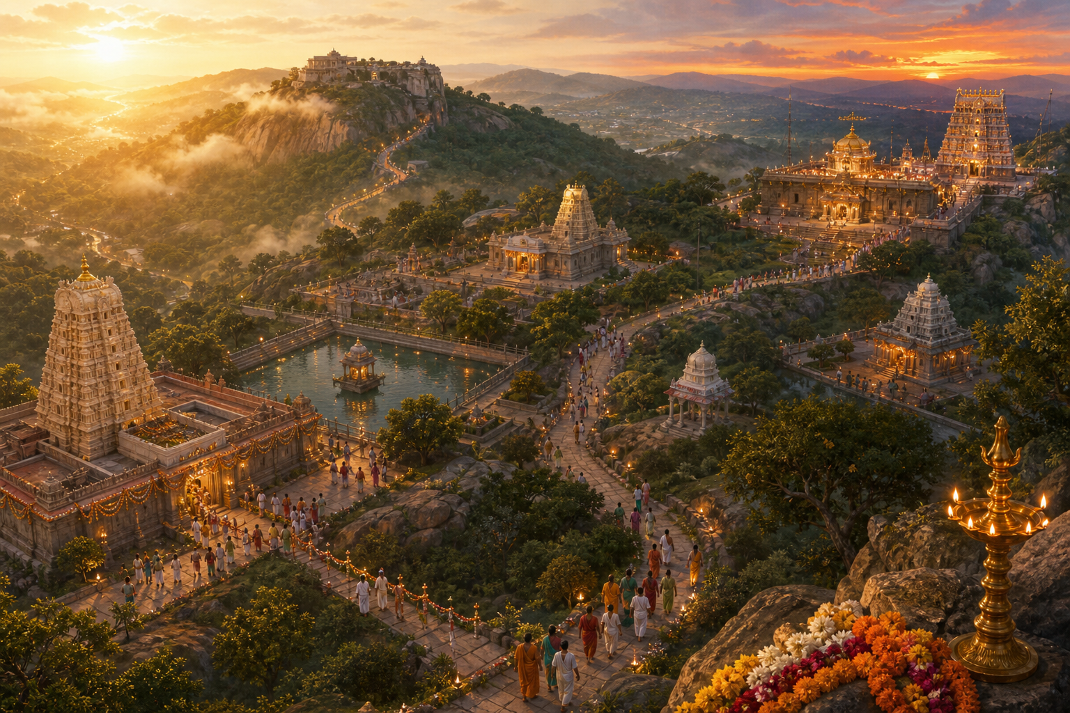 Several South Indian temples are connected by winding roads as pilgrims travel through the Tirupati landscape at different times of day.