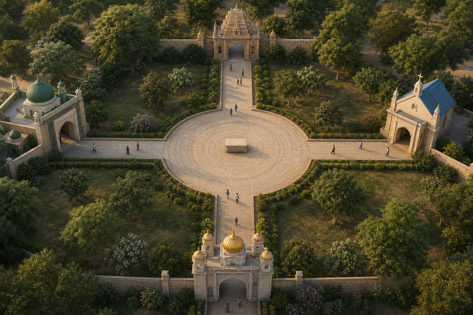 Four equal paths extend from a neutral central plaza toward four different places of worship under the same light.