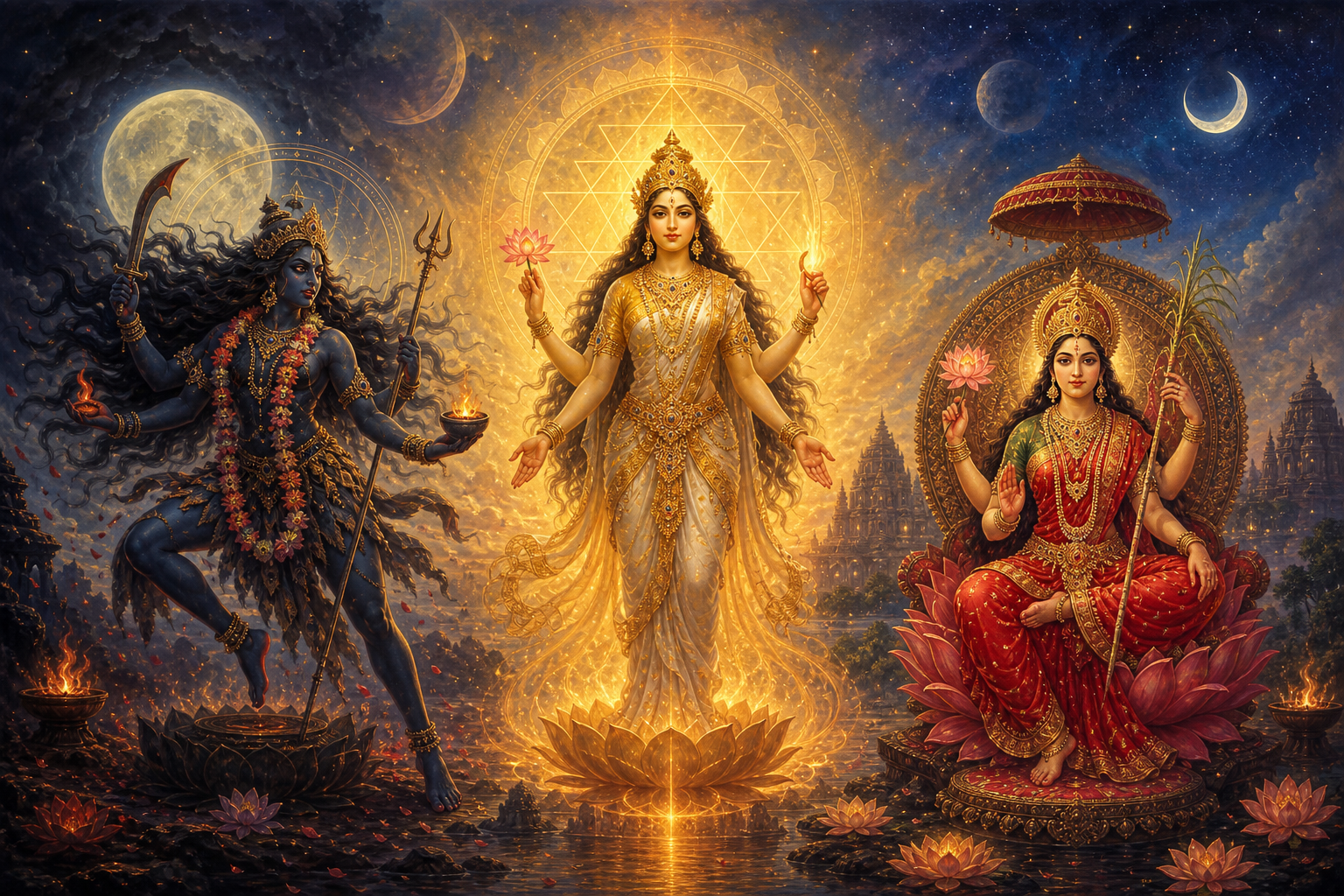 A luminous central form of Devi is flanked by a fierce dark Kali aspect and a serene red-and-gold Lalita aspect amid lotus, flame, moon, and temple motifs.