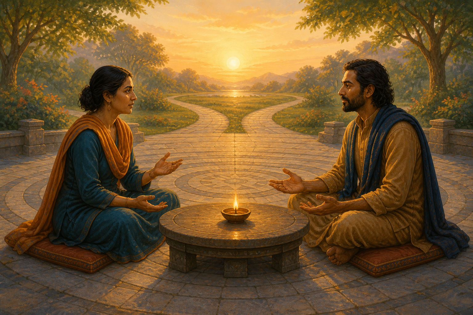 Two people calmly debate across a circular table in a courtyard, with a glowing oil lamp between them and two paths meeting in the distance.