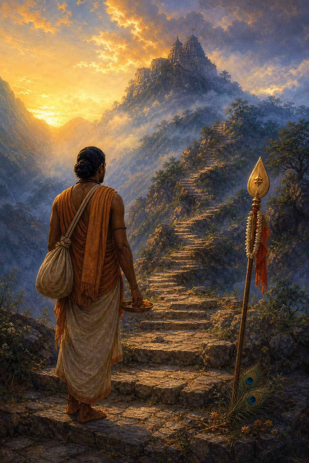 A pilgrim with an offering plate faces a mountain path leading to a distant hilltop temple, with a ceremonial spear and peacock feathers beside the first stone step.