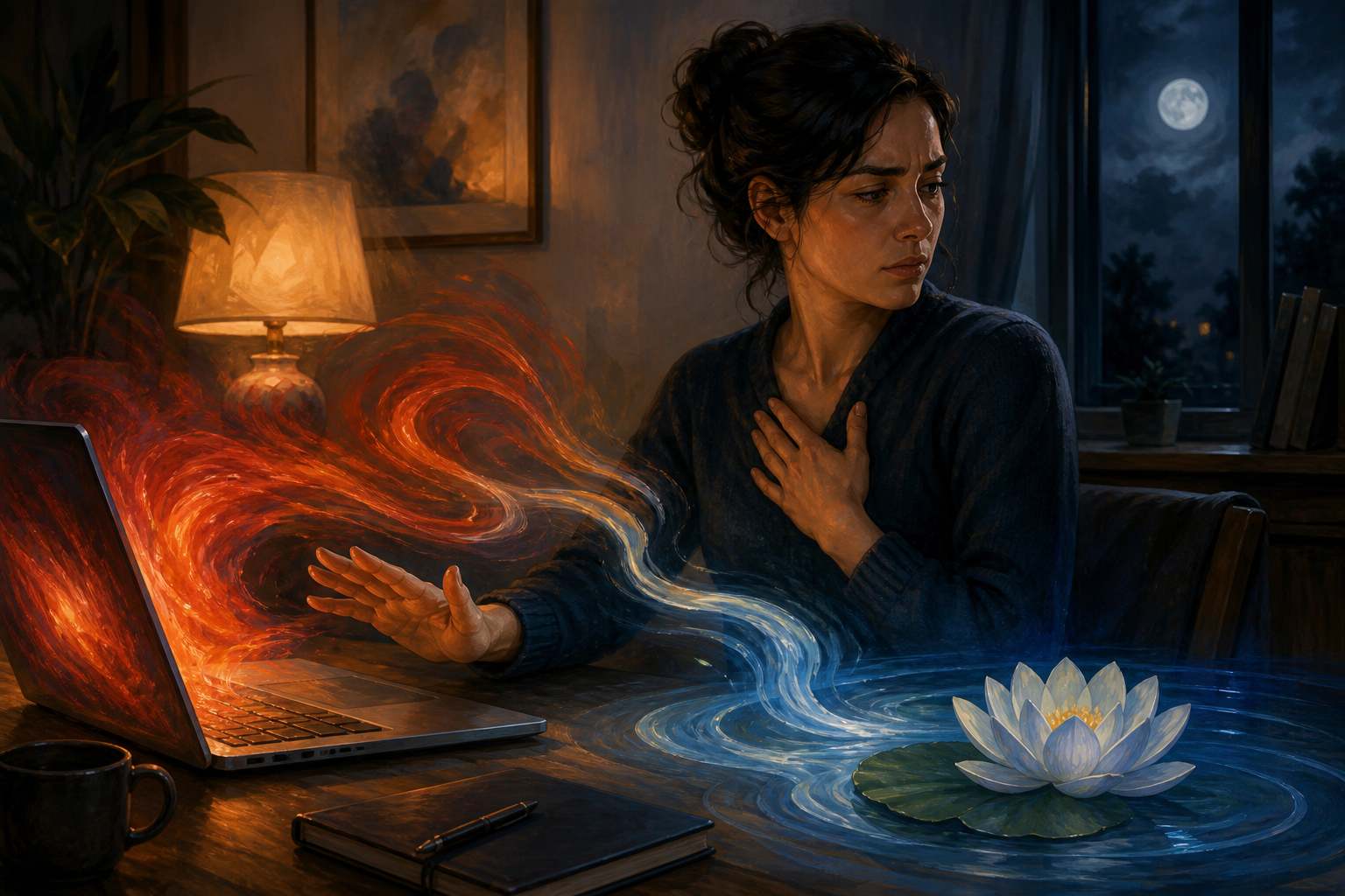 A person pauses with a hand near the heart before typing on a laptop as red swirling forms soften into cool blue ribbons and still water.