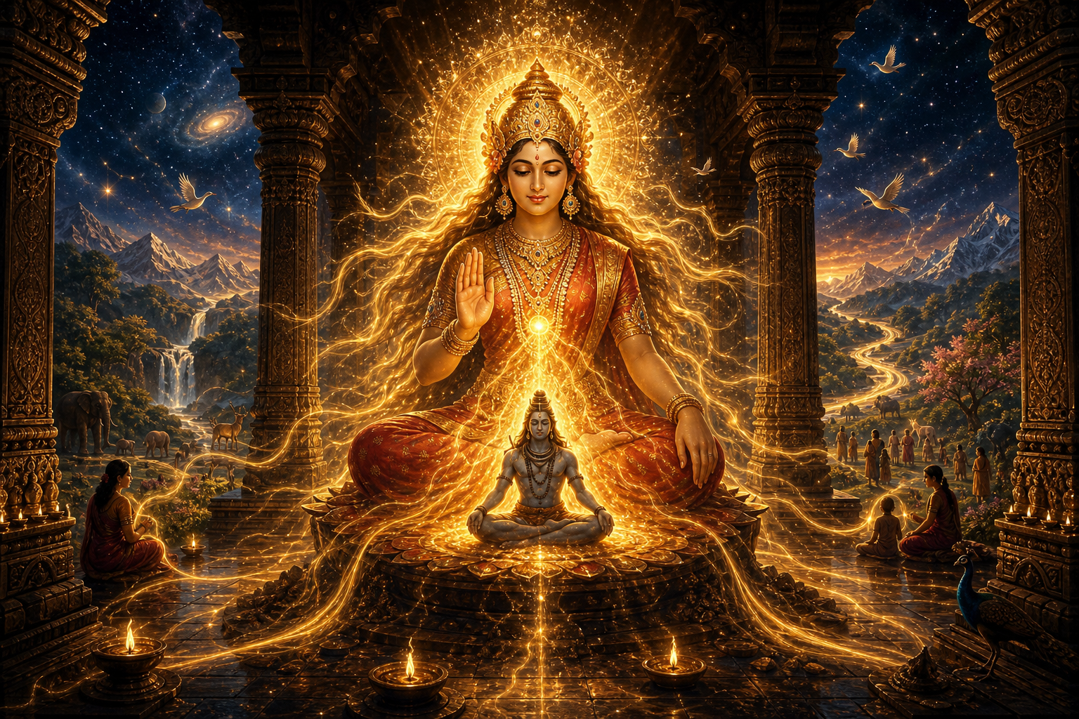 A radiant feminine divine figure sends golden light through a stone temple and into a cosmic landscape containing people, animals, mountains, and a river.