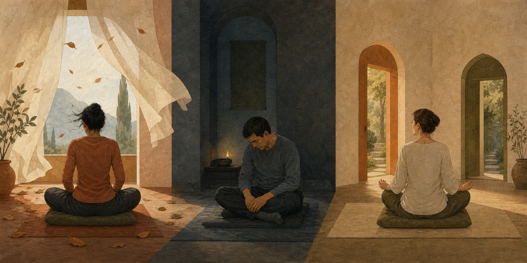Three seated practitioners show restlessness, drowsiness, and hesitation in separate areas of one quiet meditation room.