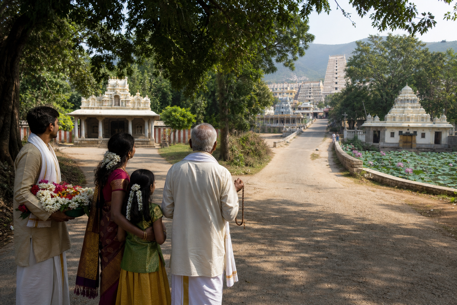 A pilgrim family carrying prayer beads and flower offerings considers three paths leading toward different South Indian temple precincts.