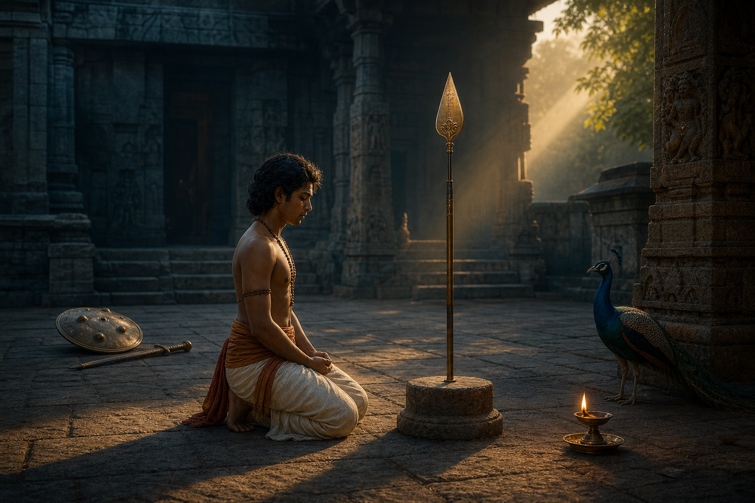 A meditating warrior-devotee kneels before an upright ceremonial spear in a temple courtyard while a sheathed sword and shield rest behind him.