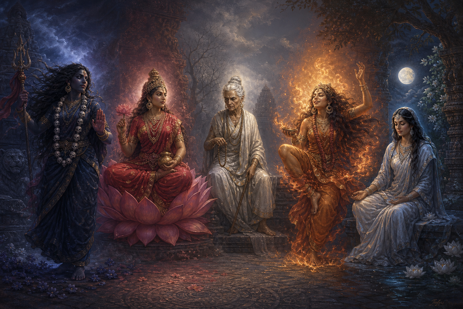 Five differently styled divine feminine figures appear in a twilight temple courtyard, ranging from fierce and regal to elderly, austere, and contemplative.