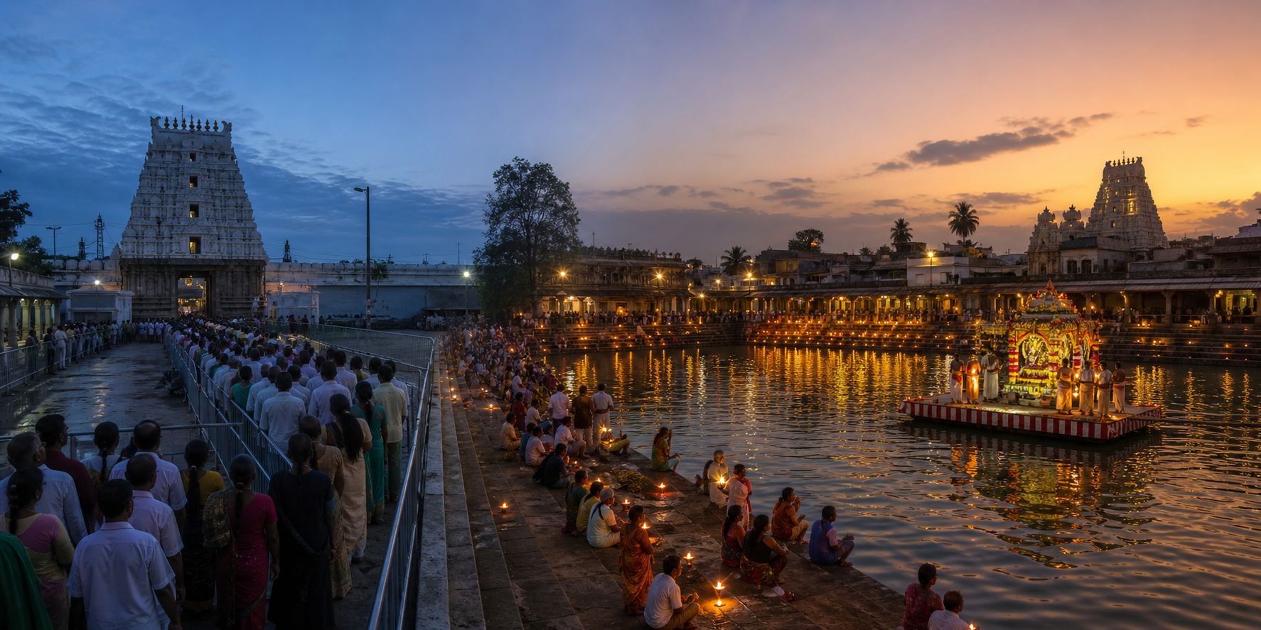 A dawn queue at a Vaishnava temple is paired with an evening ceremonial float surrounded by lamps on a Shiva temple tank.
