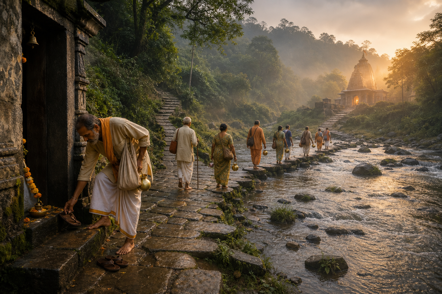 Pilgrims remove their footwear, cross a shallow river on stepping stones, and follow a winding path toward a temple among green hills.