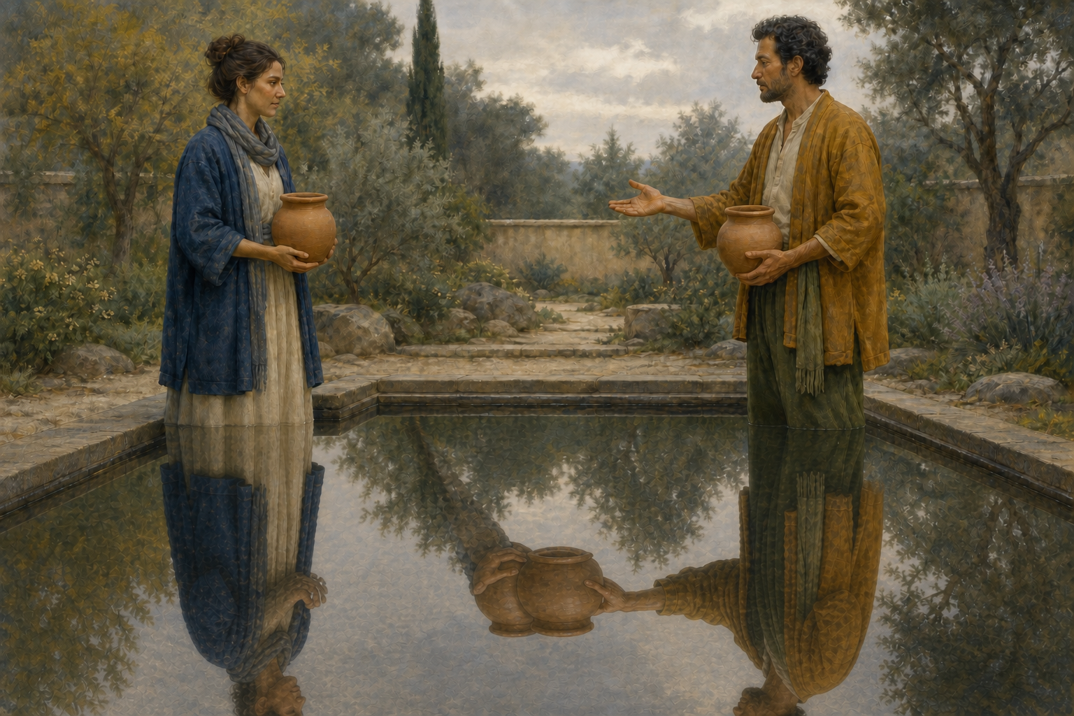 Two people face each other across a reflective pool, holding clay vessels while their reflections overlap at the center.